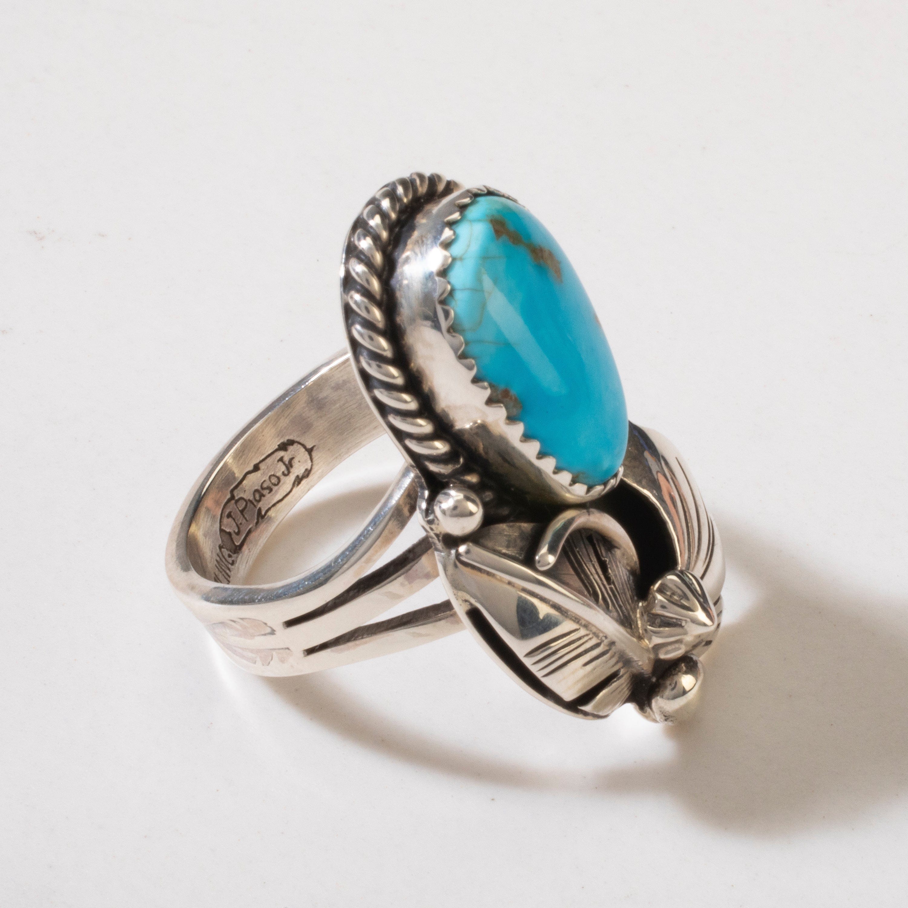 Kalifano Native American Jewelry 7 Joe Piaso Jr. Sleeping Beauty Turquoise Feather Navajo USA Native American Made 925 Sterling Silver Ring NAR600.056.7