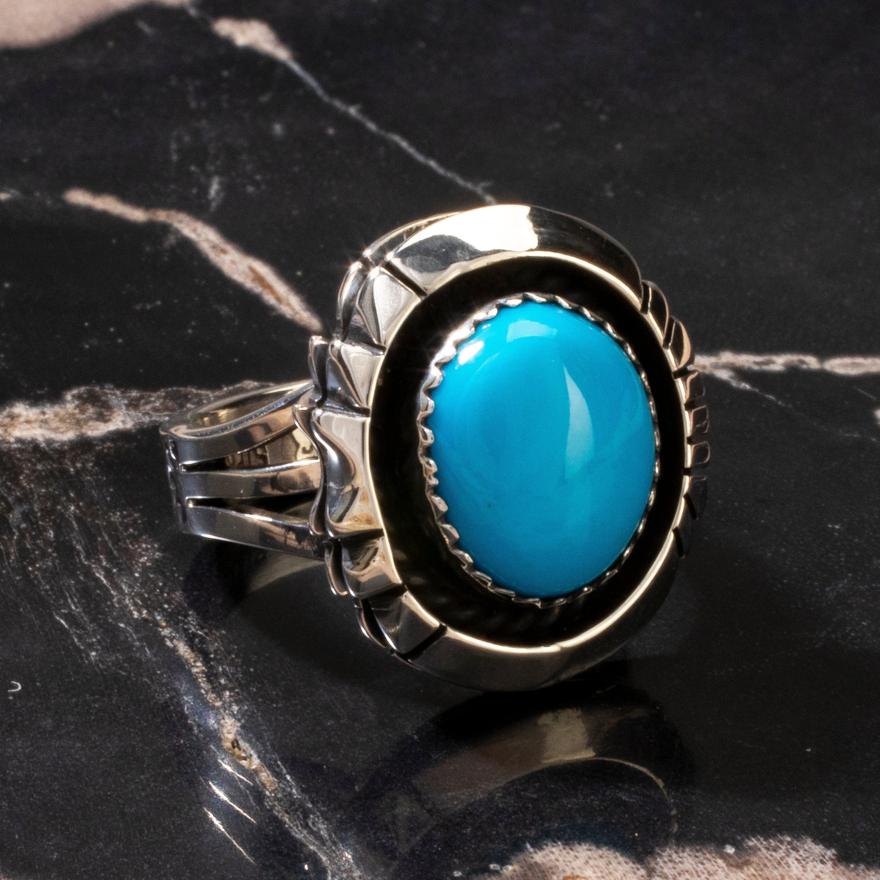 Kalifano Native American Jewelry 7 Joe Piaso Jr. Sleeping Beauty Turquoise Round Navajo USA Native American Made 925 Sterling Silver Ring NAR600.060.7