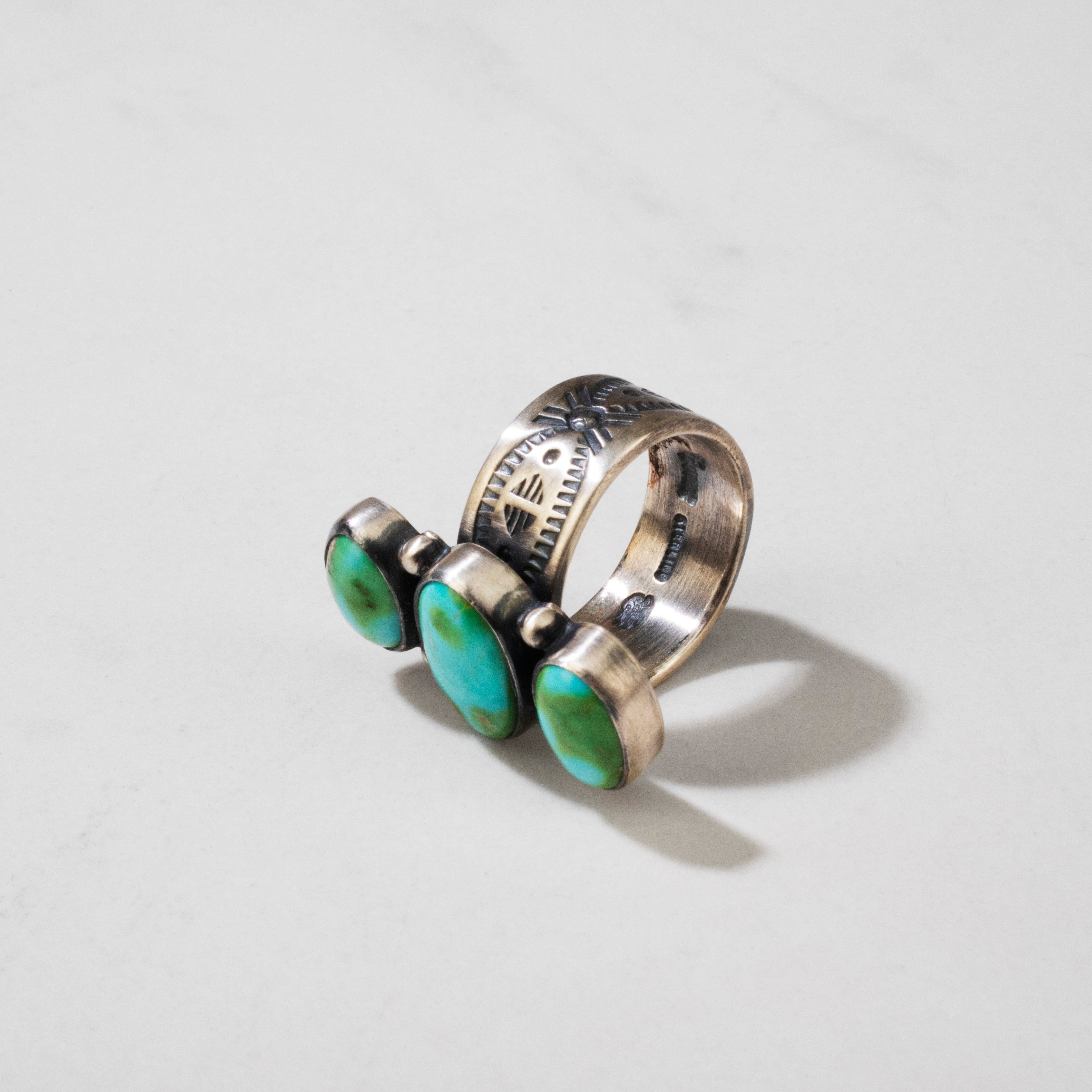 Kalifano Native American Jewelry 7 Loretta Delgarito Sonoran Gold Turquoise Navajo Triple Stone USA Native American Made 925 Sterling Silver Ring NAR1500.025.7