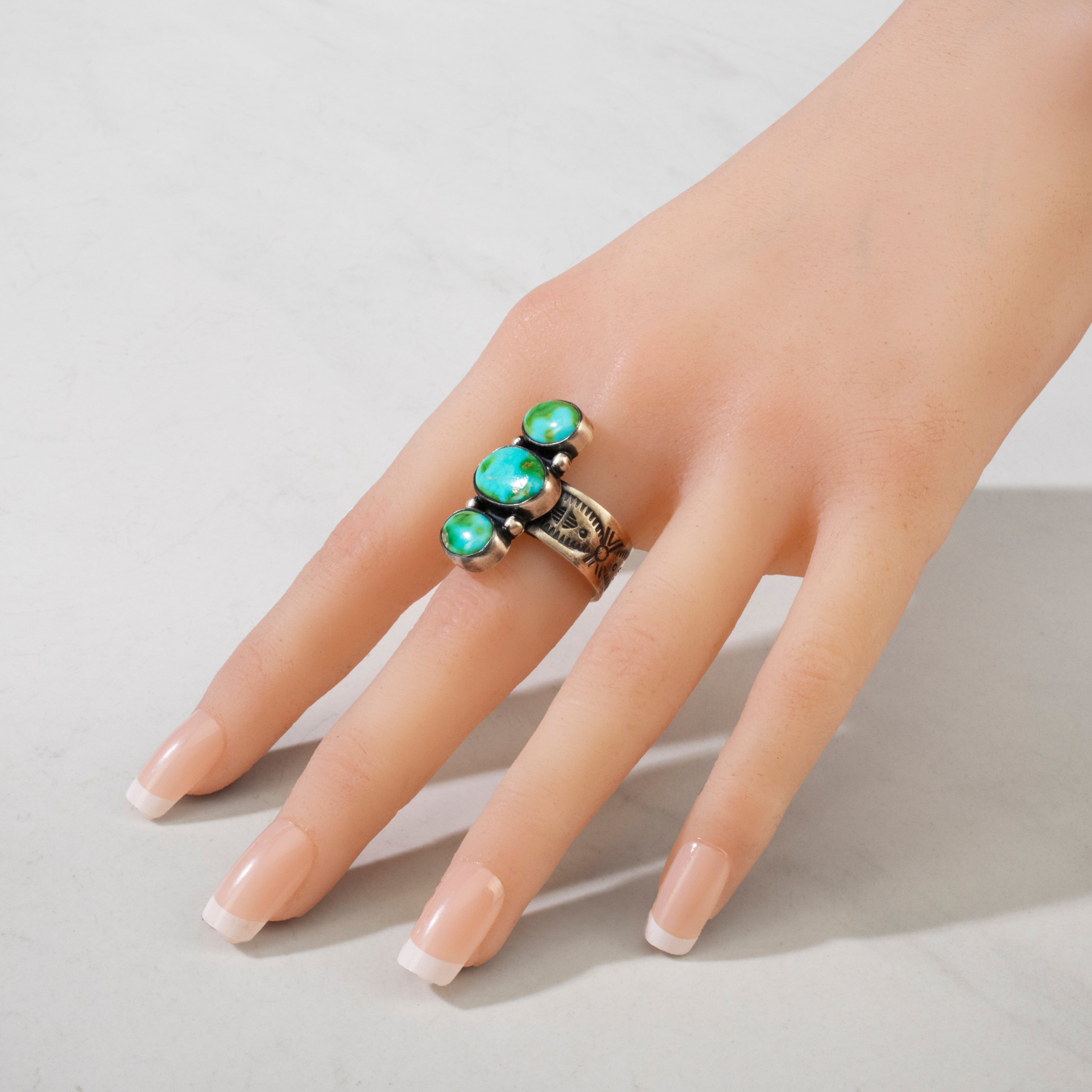 Kalifano Native American Jewelry 7 Loretta Delgarito Sonoran Gold Turquoise Navajo Triple Stone USA Native American Made 925 Sterling Silver Ring NAR1500.025.7