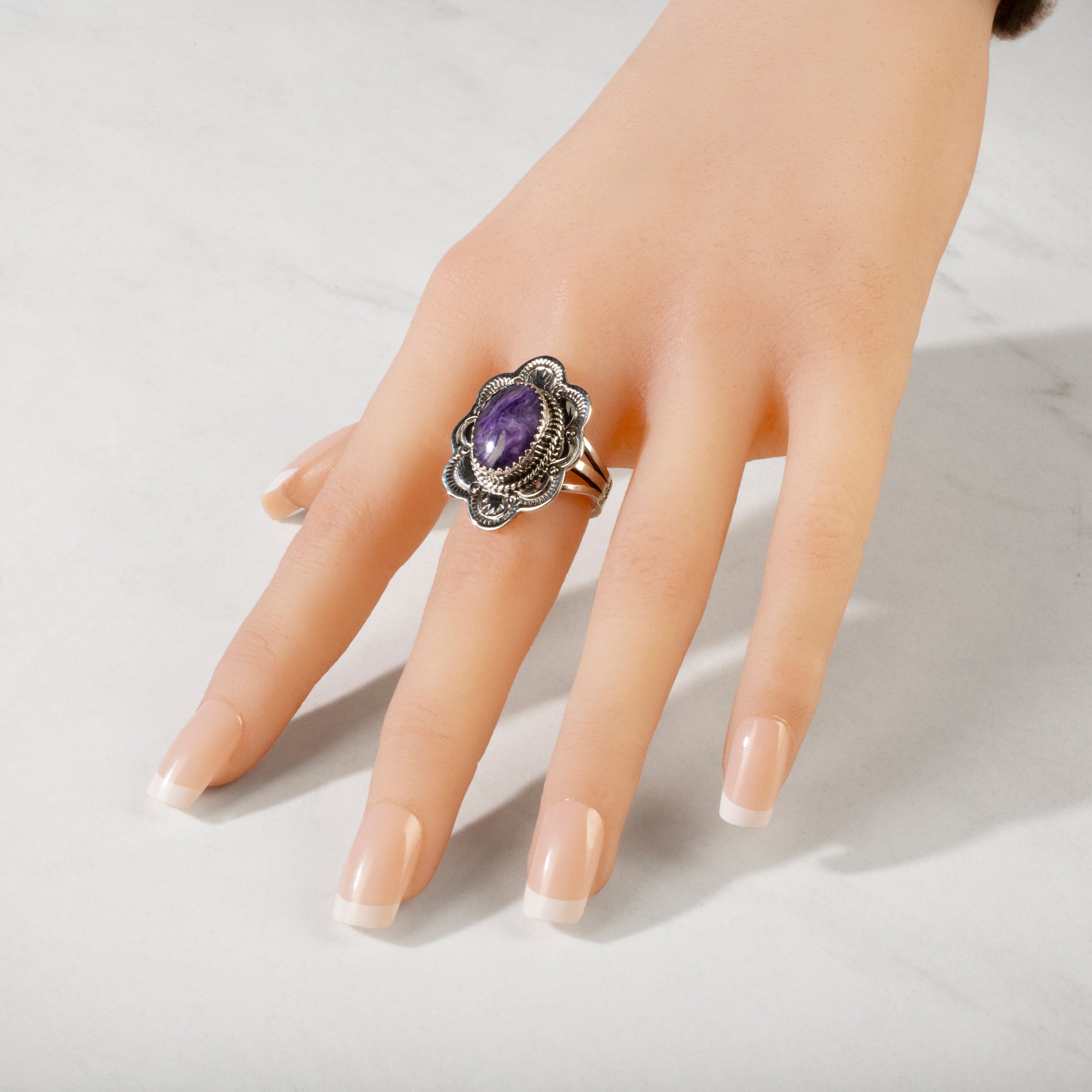 Kalifano Native American Jewelry 8 Joe Piaso Jr. Charoite Navajo USA Native American 925 Sterling Silver Ring NAR1200.061.8