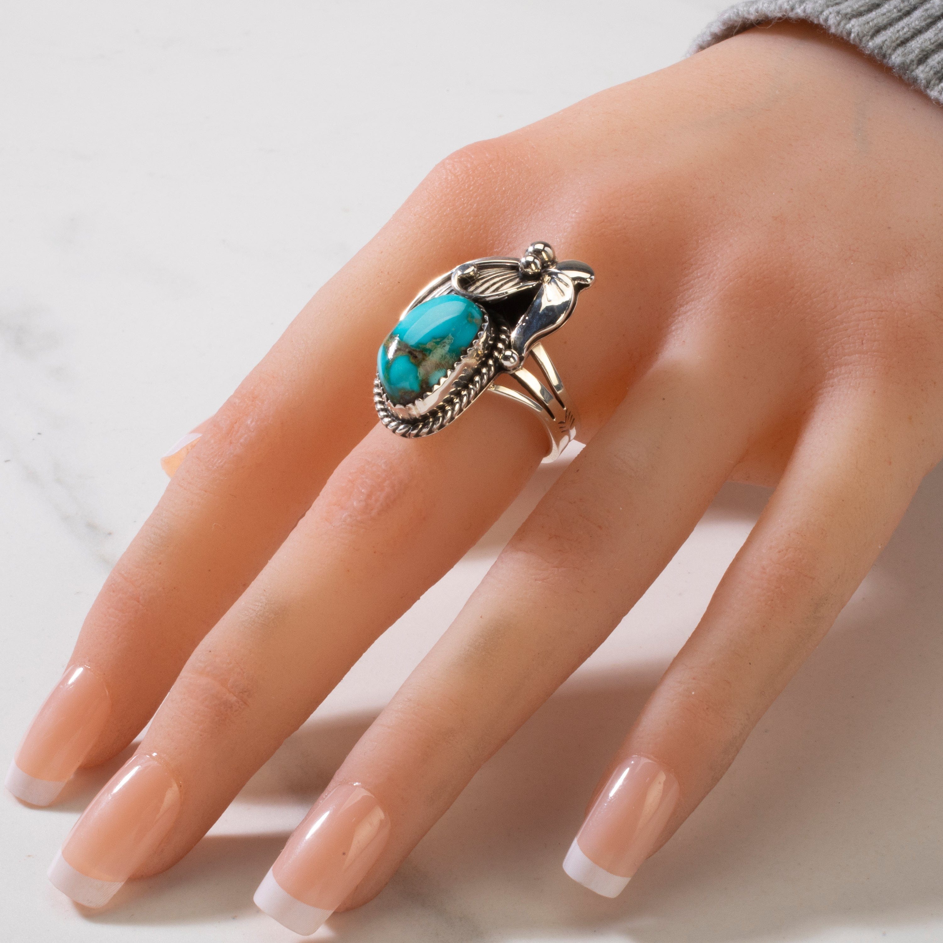 Kalifano Native American Jewelry 8 Joe Piaso Jr. Sleeping Beauty Turquoise Feather Navajo USA Native American Made 925 Sterling Silver Ring NAR600.084.8