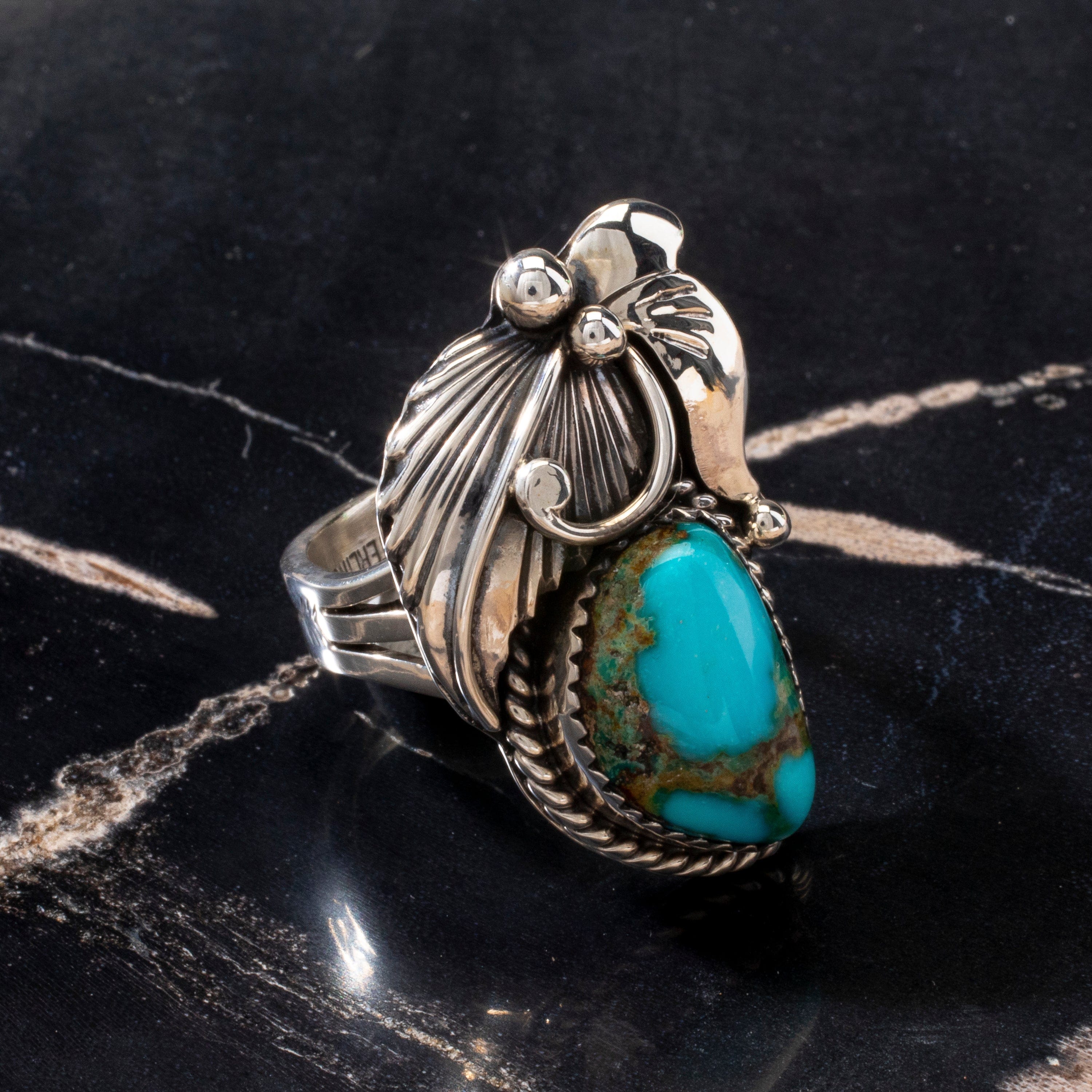 Kalifano Native American Jewelry 8 Joe Piaso Jr. Sleeping Beauty Turquoise Feather Navajo USA Native American Made 925 Sterling Silver Ring NAR600.084.8