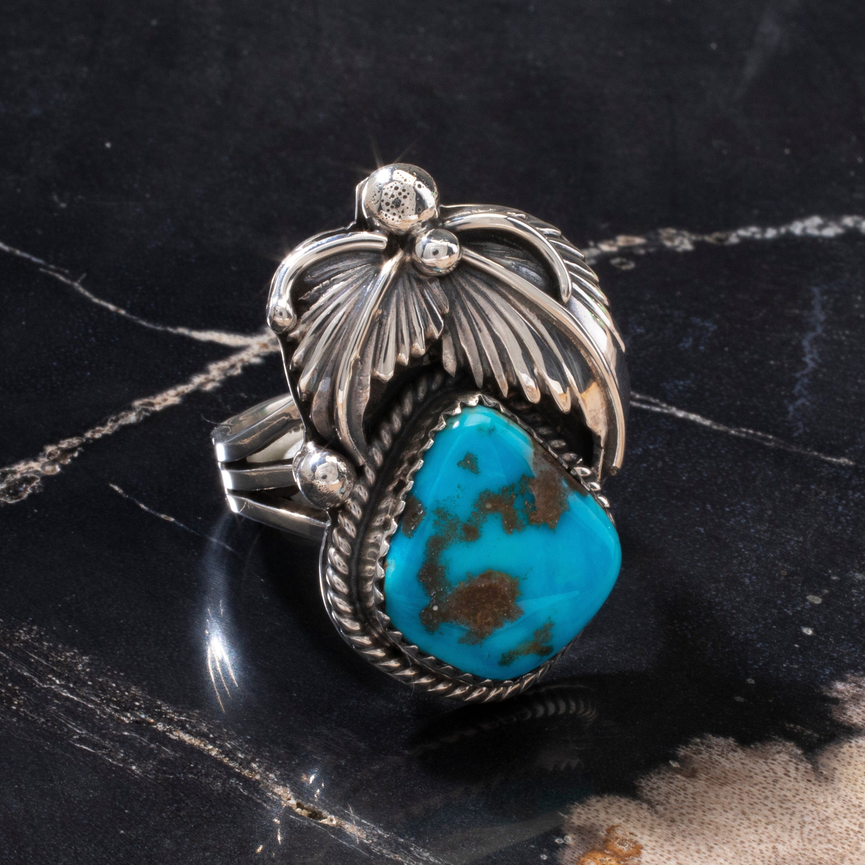 Kalifano Native American Jewelry 8 Joe Piaso Jr. Sleeping Beauty Turquoise Feather Navajo USA Native American Made 925 Sterling Silver Ring NAR700.042.8