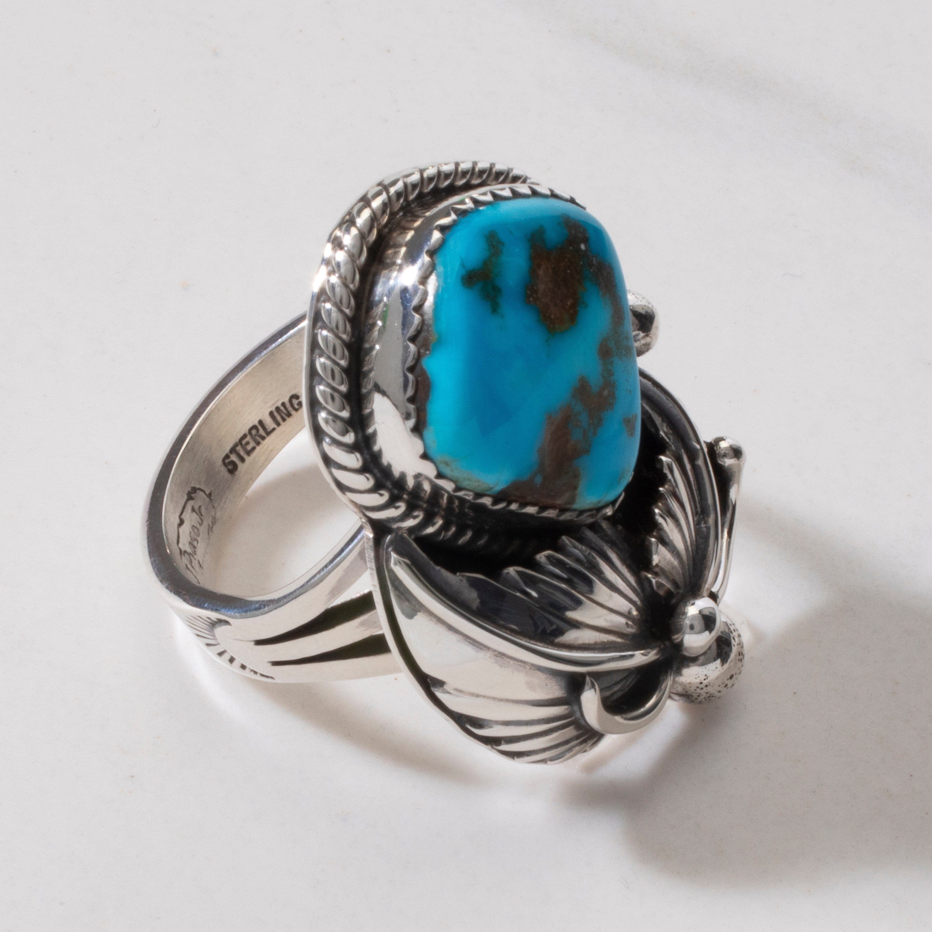 Kalifano Native American Jewelry 8 Joe Piaso Jr. Sleeping Beauty Turquoise Feather Navajo USA Native American Made 925 Sterling Silver Ring NAR700.042.8
