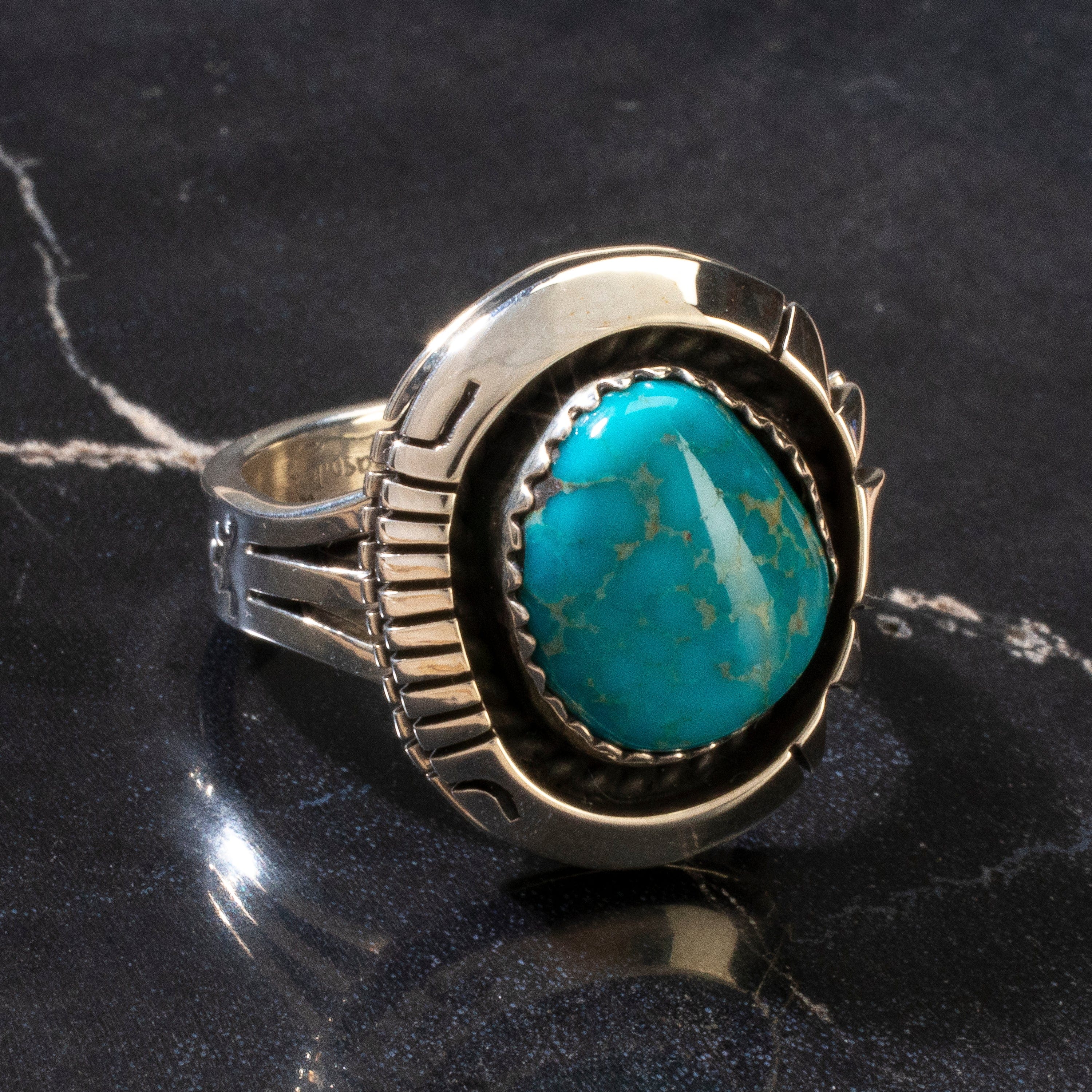 Kalifano Native American Jewelry 8 Joe Piaso Jr. Sleeping Beauty Turquoise Round Navajo USA Native American Made 925 Sterling Silver Ring NAR600.063.8