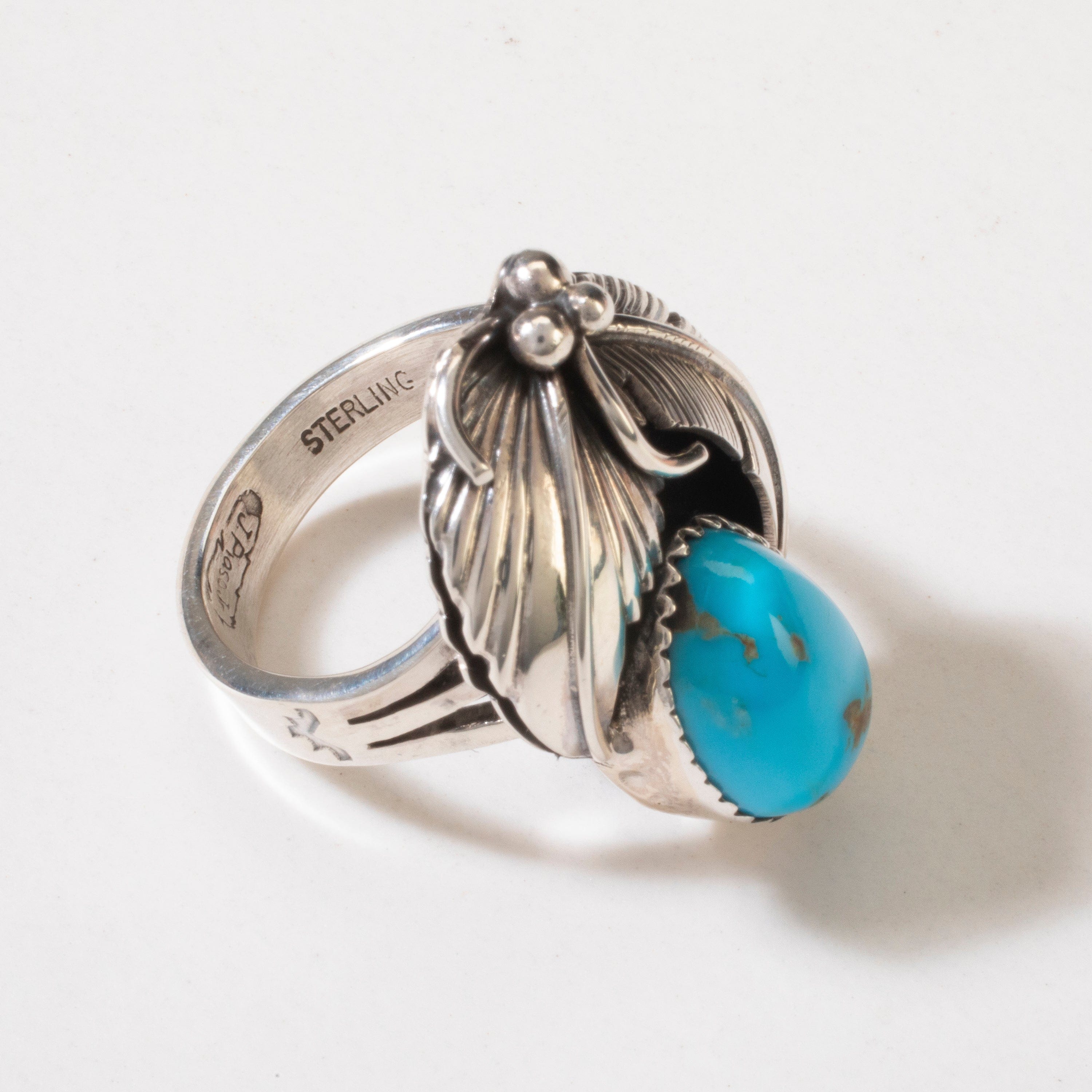 Kalifano Native American Jewelry 9 Joe Piaso Jr. Sleeping Beauty Turquoise Feather Navajo USA Native American Made 925 Sterling Silver Ring NAR600.074.9