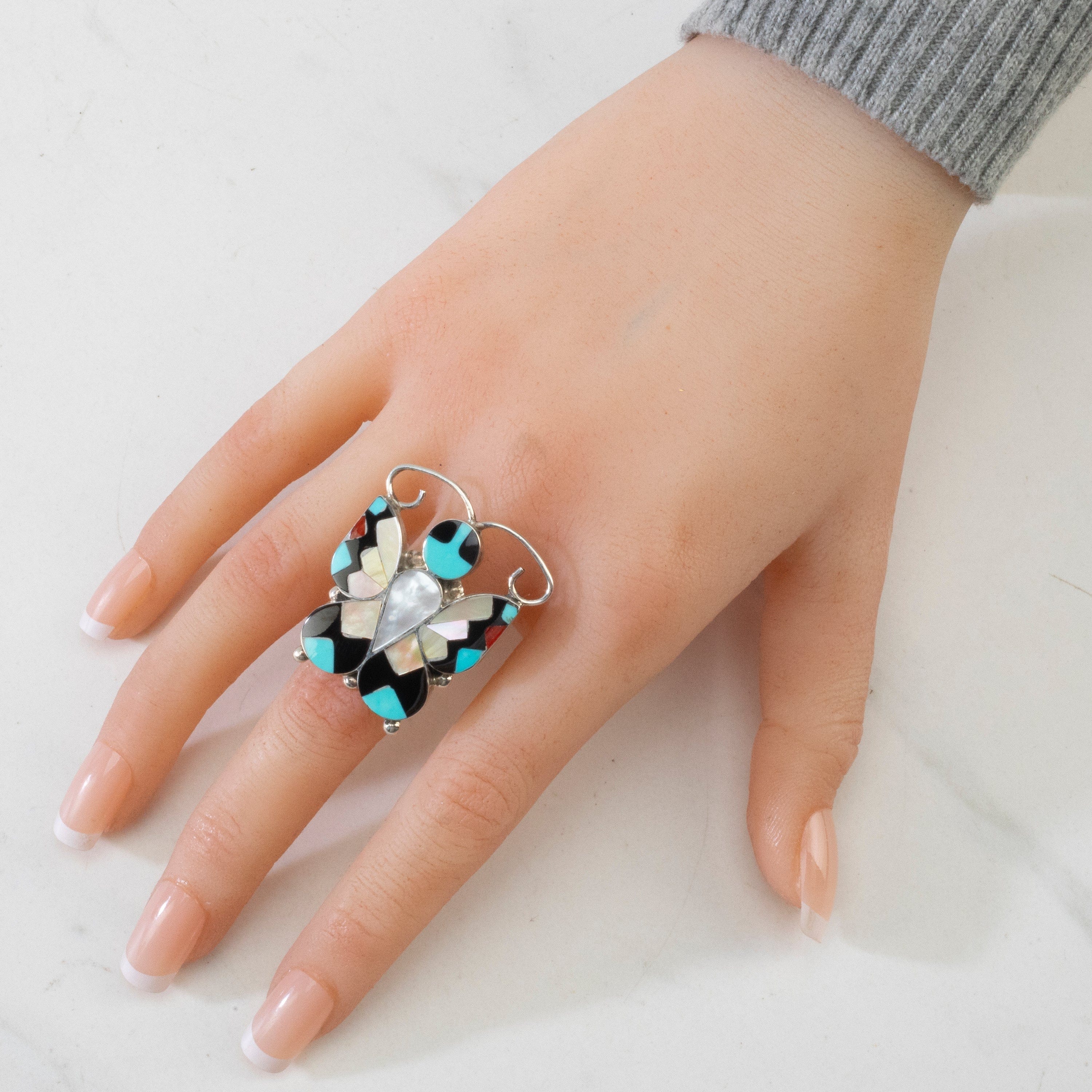 Kalifano Native American Jewelry ADJ Angus Ahiyite Multi Gem Butterfly USA Zuni Made 925 Sterling Silver Ring NAR450.010.ADJ