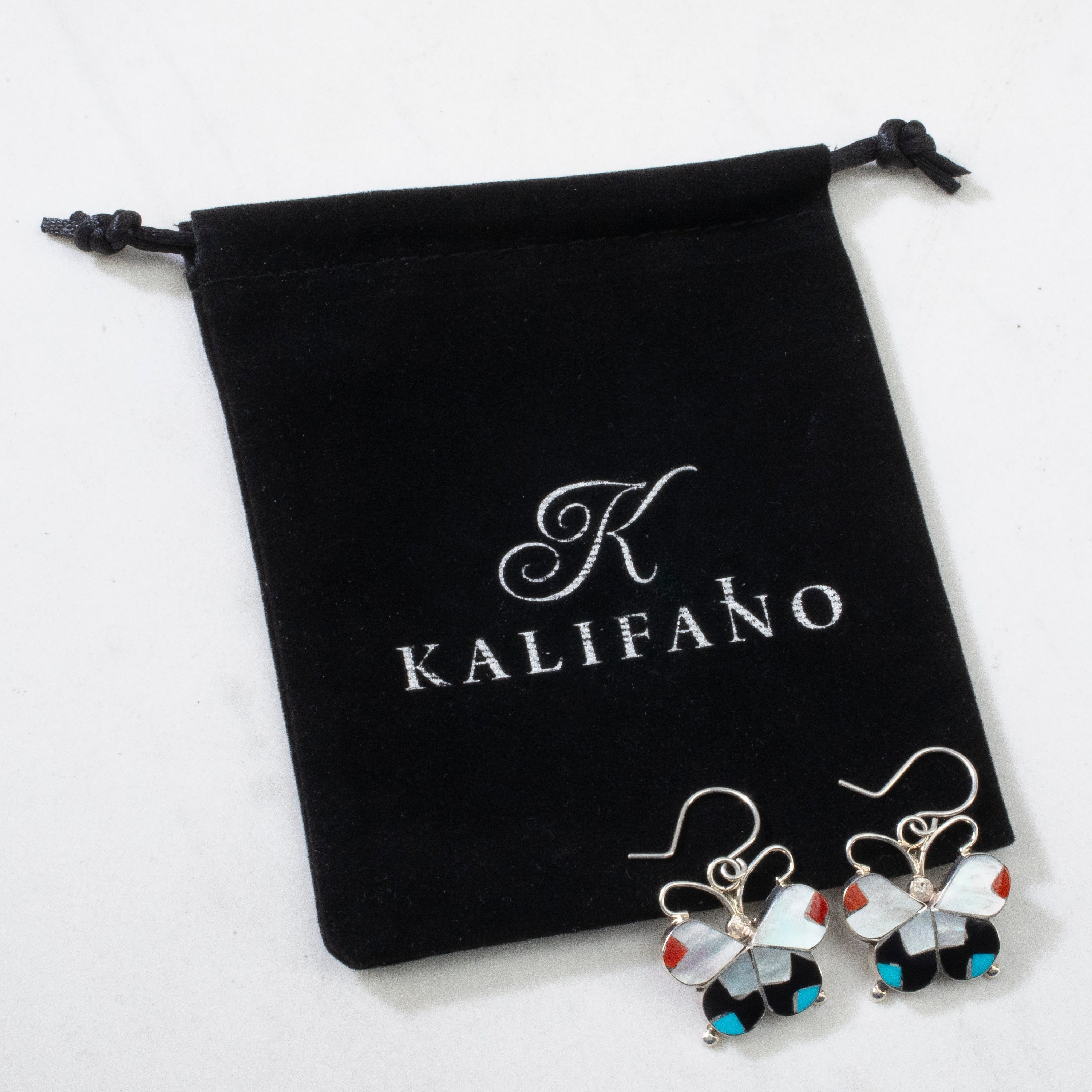 Kalifano Native American Jewelry Alison Dishta Multi Gem Butterfly USA Zuni Native American Made 925 Sterling Silver Earrings with French Hook Backing NAE450.002
