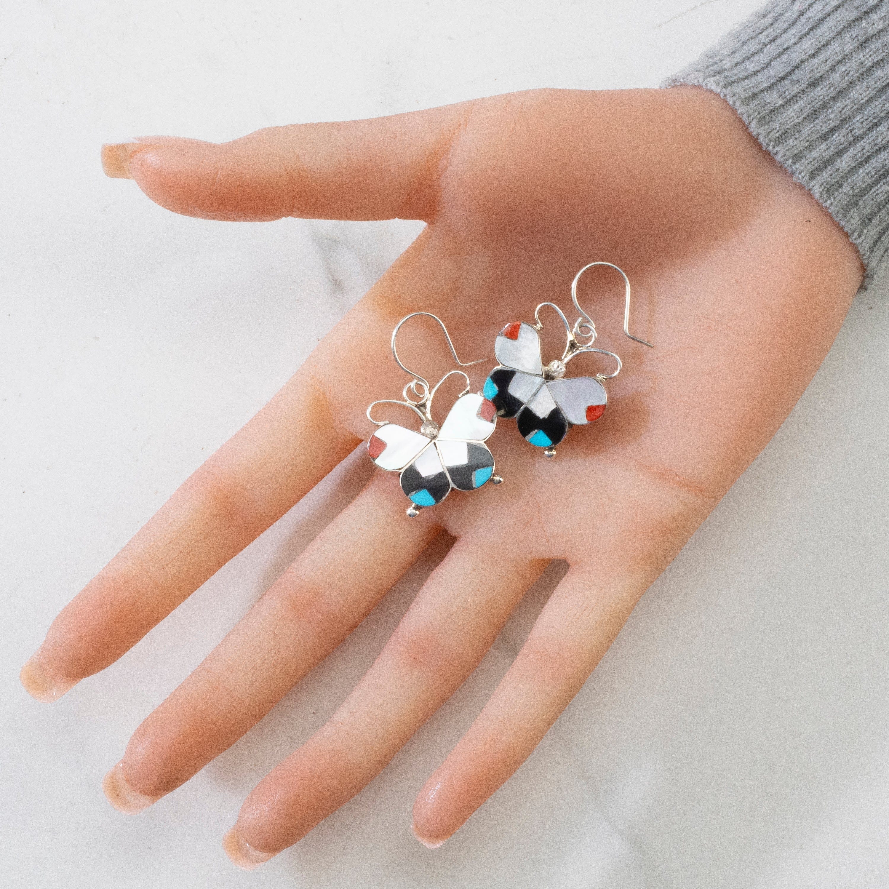 Kalifano Native American Jewelry Alison Dishta Multi Gem Butterfly USA Zuni Native American Made 925 Sterling Silver Earrings with French Hook Backing NAE450.002
