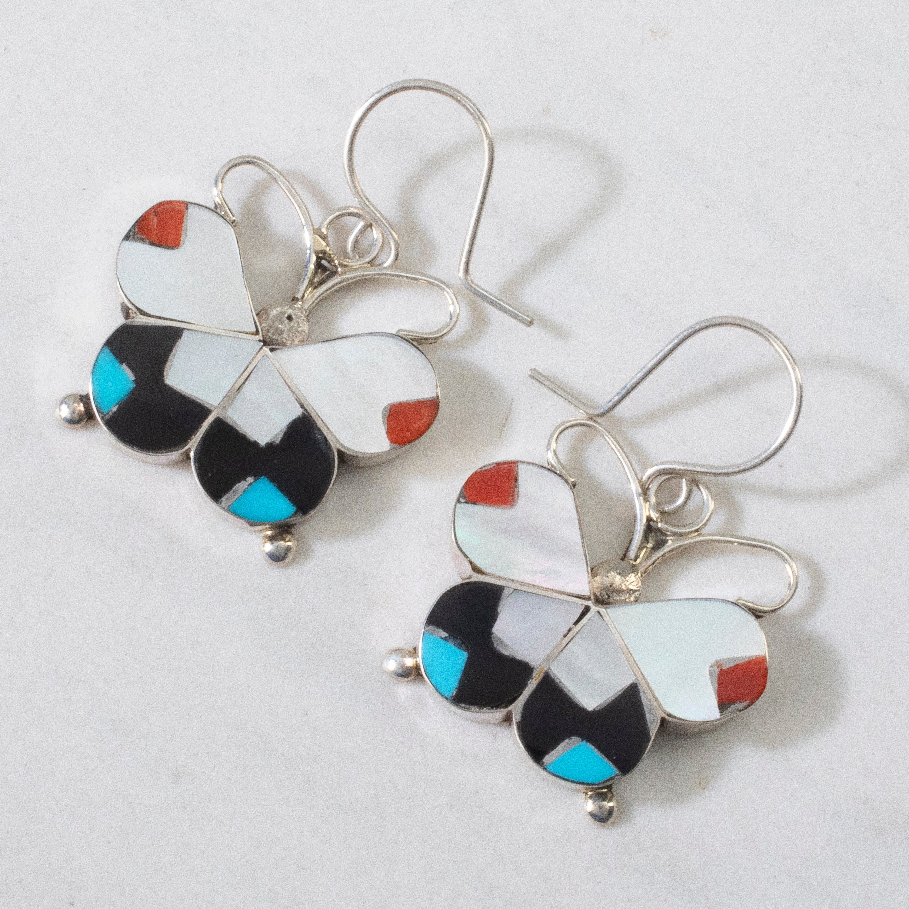 Kalifano Native American Jewelry Alison Dishta Multi Gem Butterfly USA Zuni Native American Made 925 Sterling Silver Earrings with French Hook Backing NAE450.002