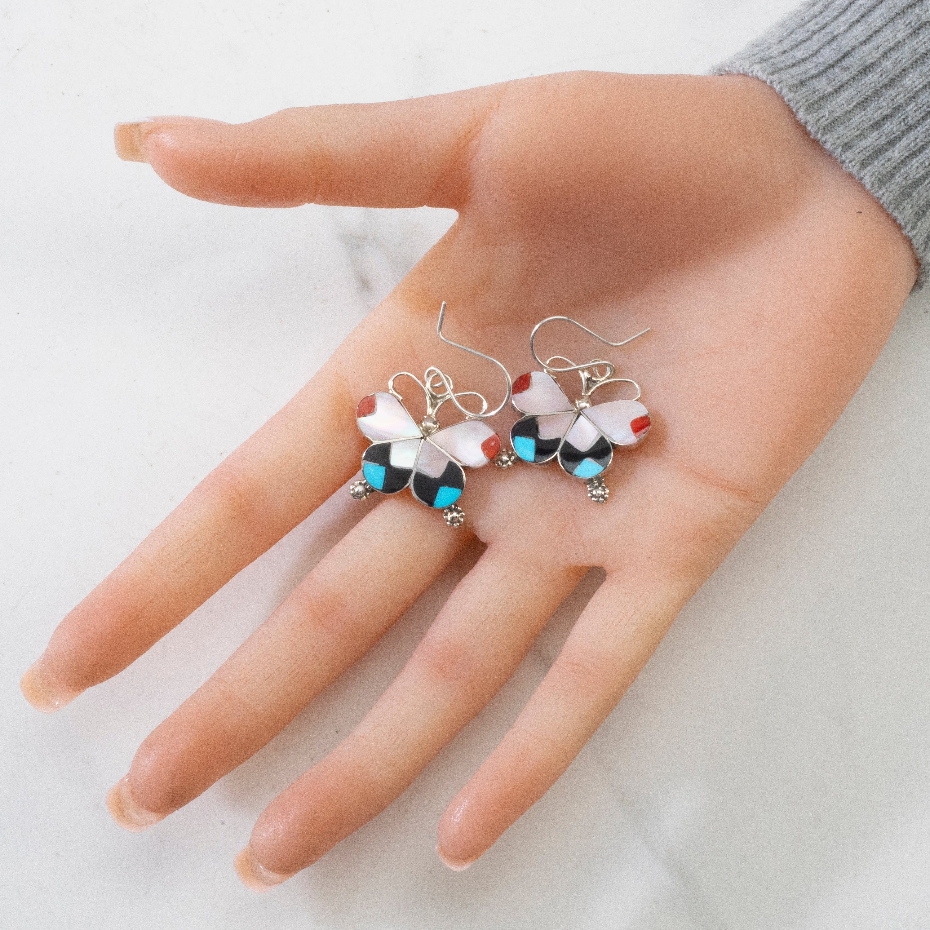Kalifano Native American Jewelry Alison Dishta Multi Gem Butterfly USA Zuni Native American Made 925 Sterling Silver Earrings with French Hook Backing NAE450.003