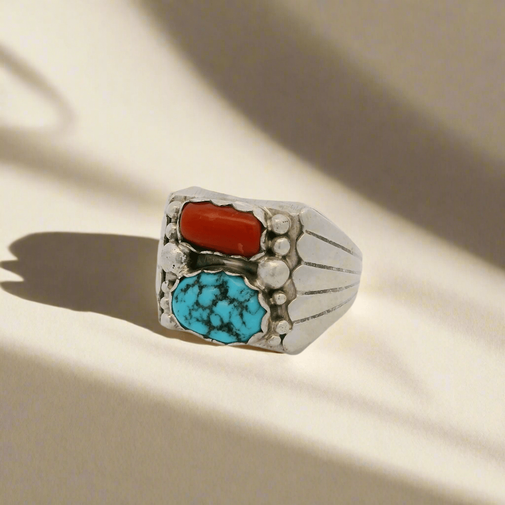 Kalifano Native American Jewelry Alvery Smith Turquoise & Coral Navajo USA Native American Made 925 Sterling Silver Ring