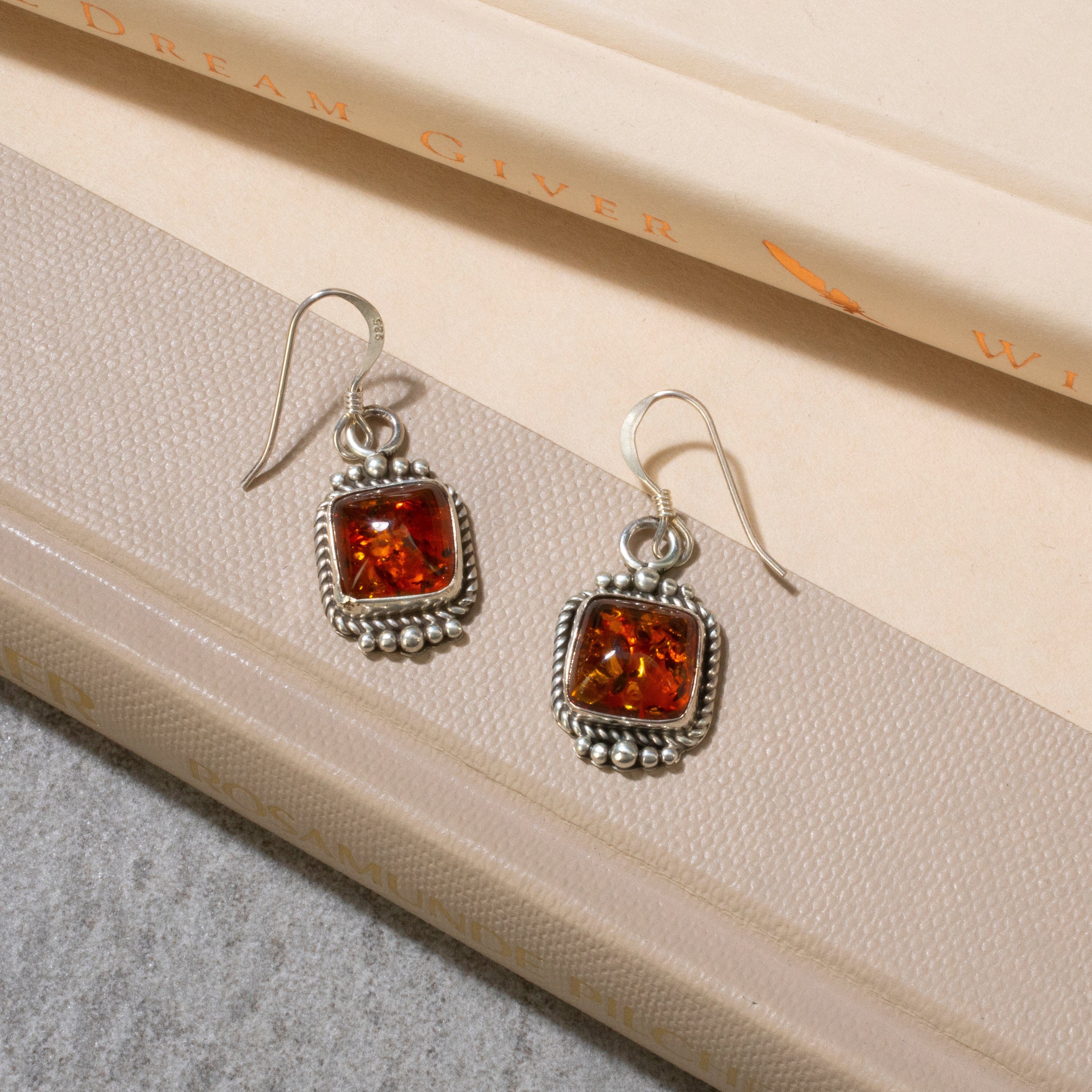 Kalifano Native American Jewelry Baltic Amber Square Dangle Navajo USA Native American Made 925 Sterling Silver Earrings with French Hook NAE200.015