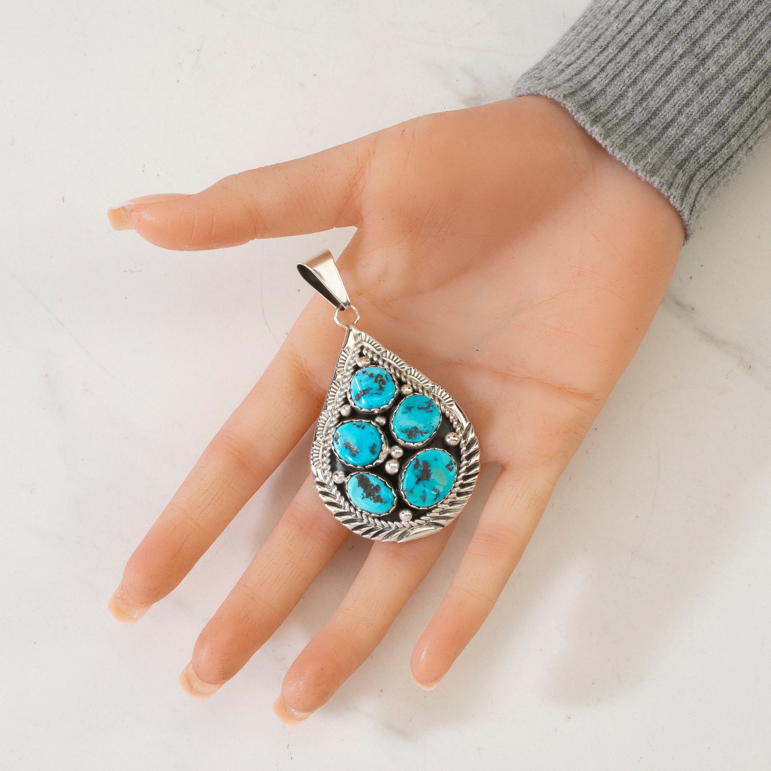 Kalifano Native American Jewelry Bobby Johnson Sleeping Beauty Turquoise Teardrop Navajo USA Native American Made 925 Sterling Silver Pendant NAN1800.023