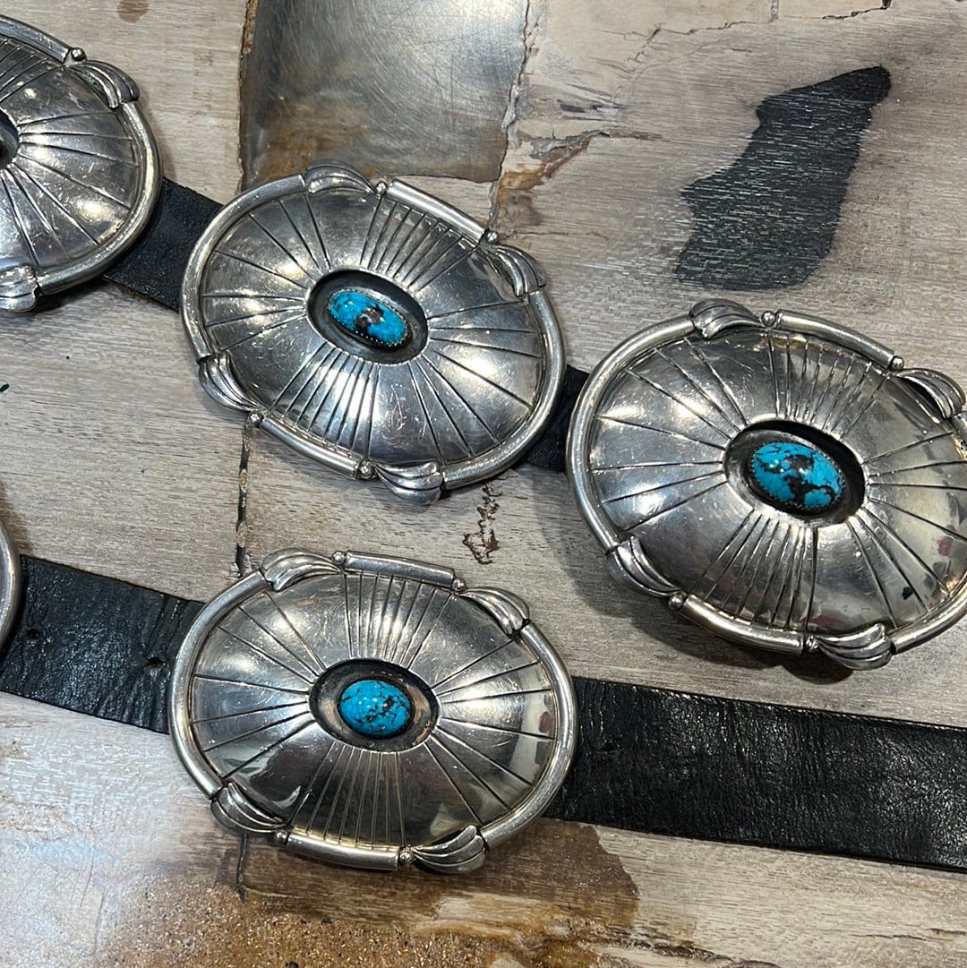 Kalifano Native American Jewelry Charles Mike Yazzie Navajo Persian Turquoise and Genuine Leather USA Native American Made 925 Sterling Silver Concho Belt NACB24000.001