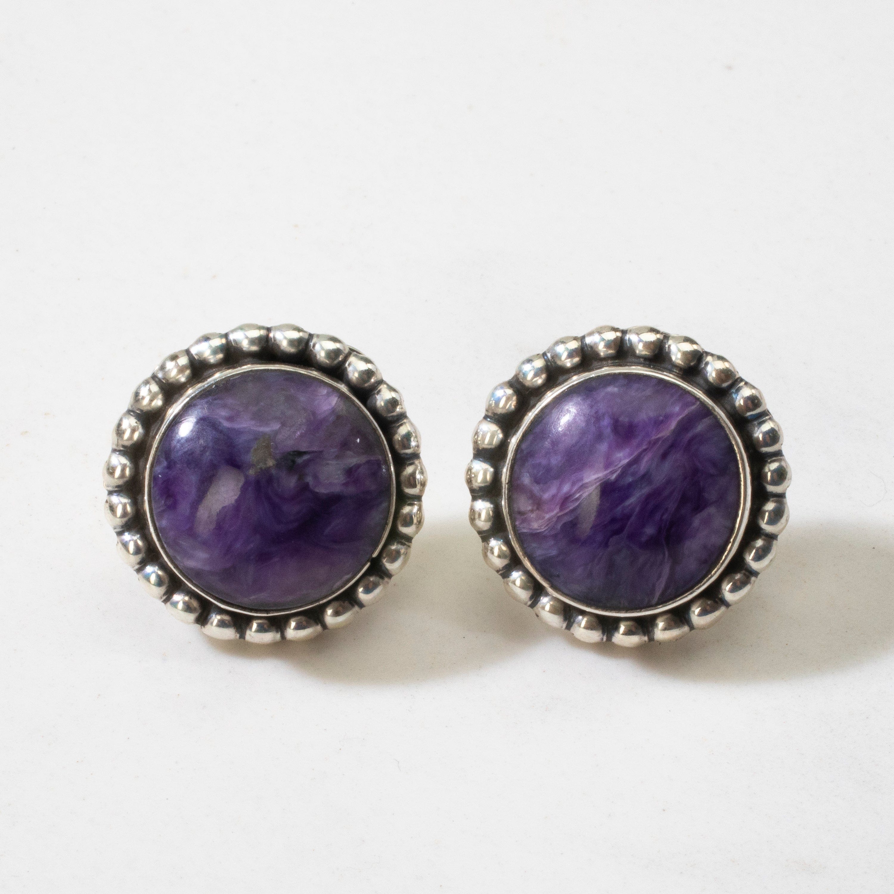Kalifano Native American Jewelry Charoite Round Navajo USA Native American Made 925 Sterling Silver Earrings with Stud Backing NAE400.038