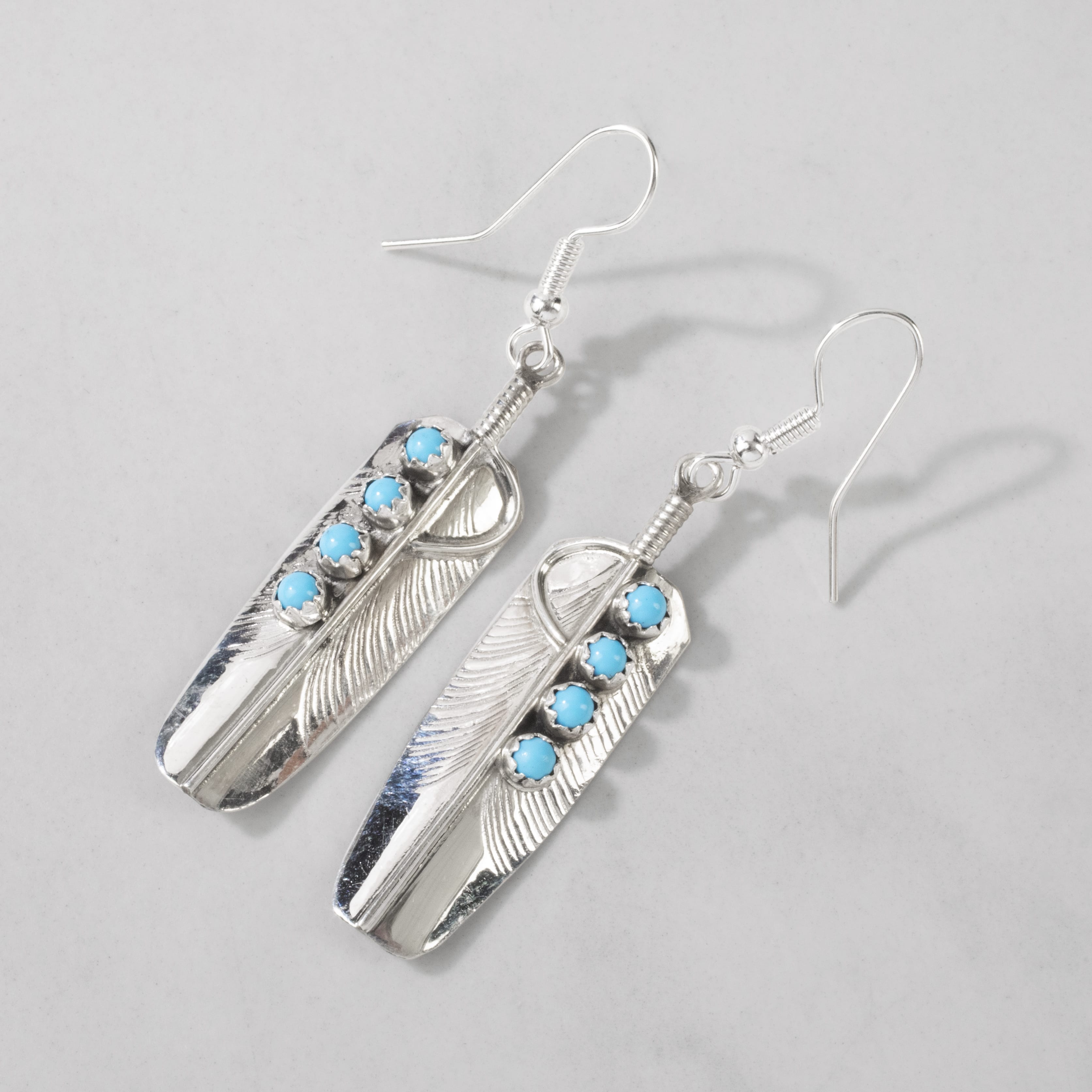 Kalifano Native American Jewelry Chester Charley Kingman Turquoise Feather Navajo USA Native American Made 925 Sterling Silver Earrings with French Hook NAE250.021