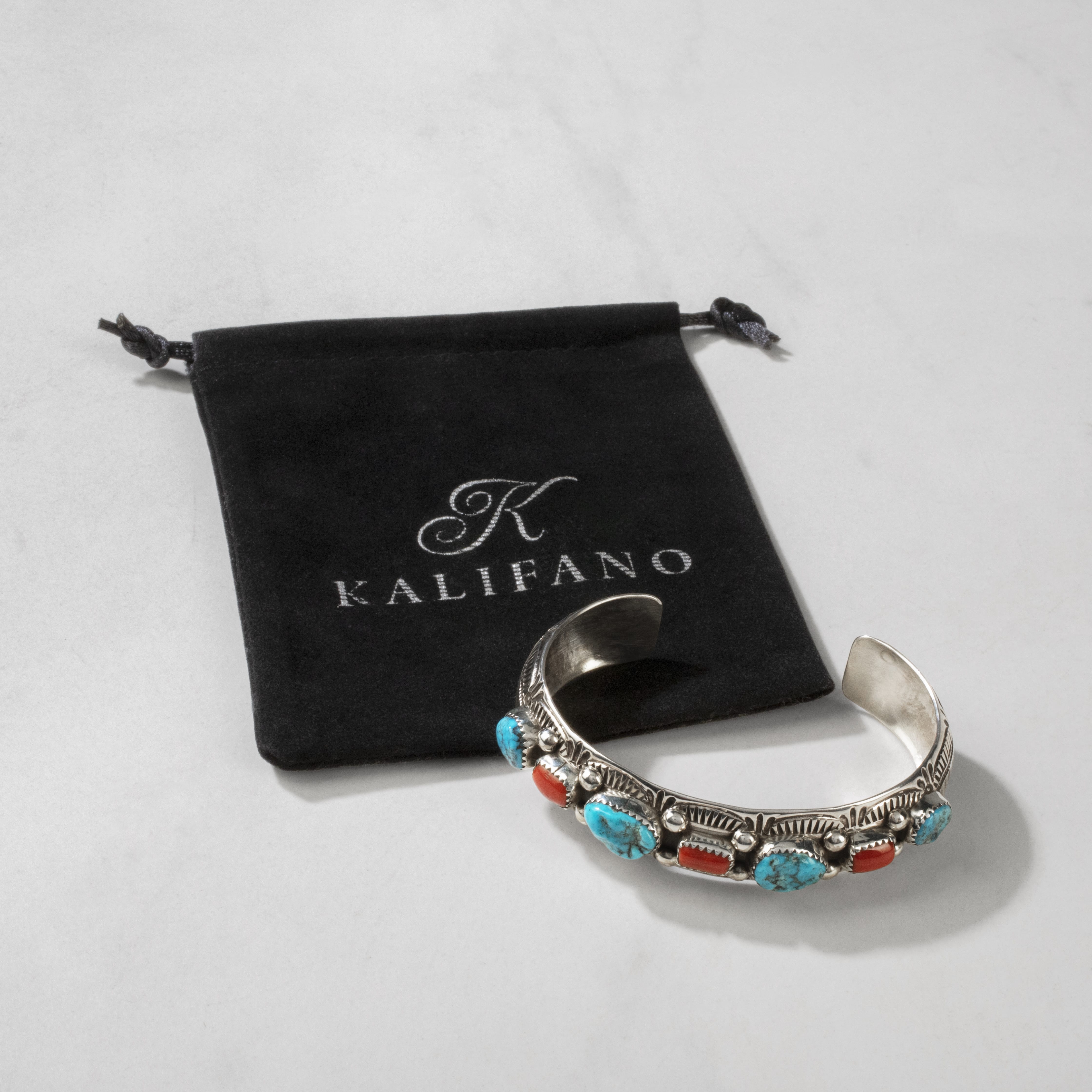 Kalifano Native American Jewelry Grace Silver Kingman Turquoise & Coral Navajo USA Native American Made 925 Sterling Silver Cuff NAB1200.053