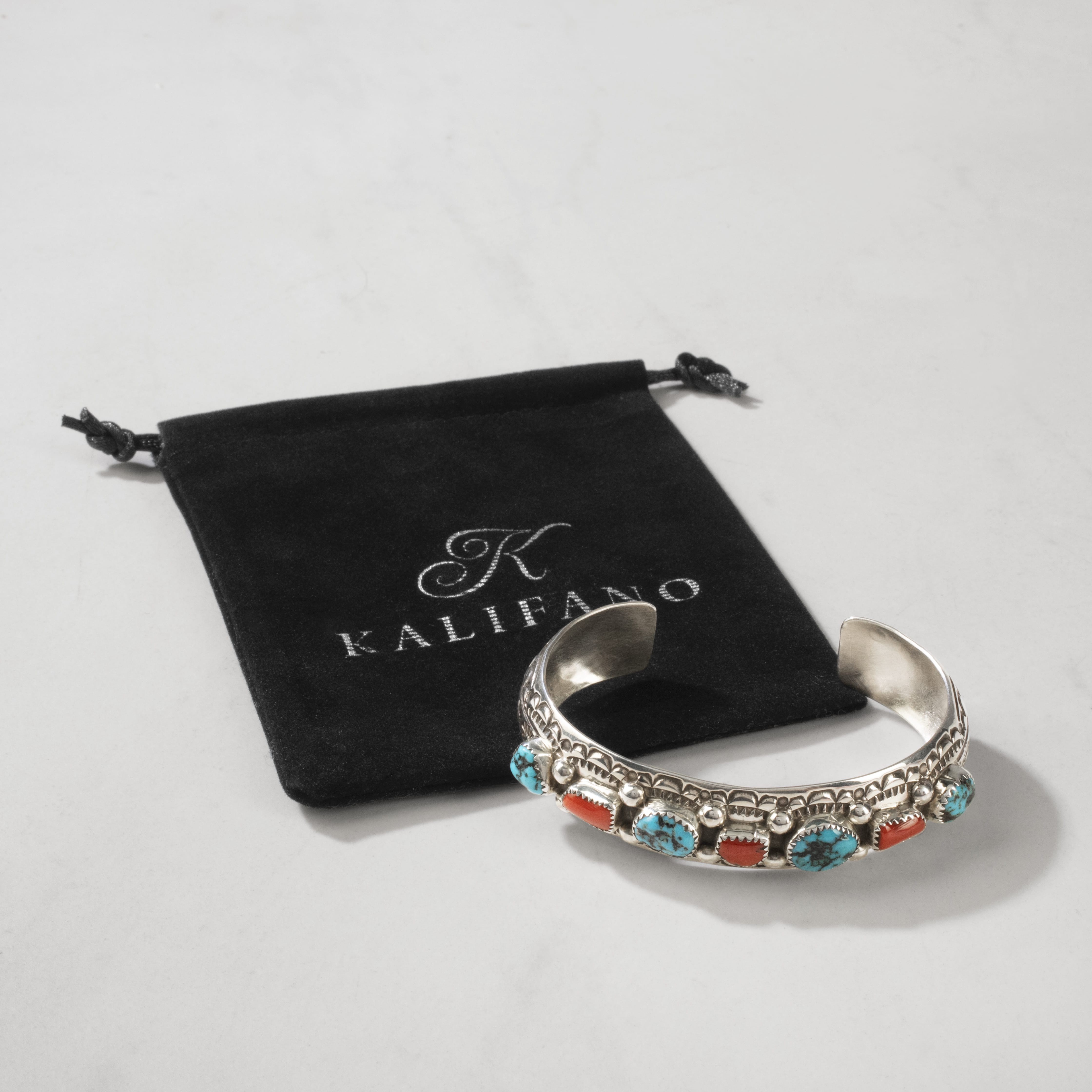 Kalifano Native American Jewelry Grace Silver Kingman Turquoise & Coral Navajo USA Native American Made 925 Sterling Silver Cuff NAB1200.054