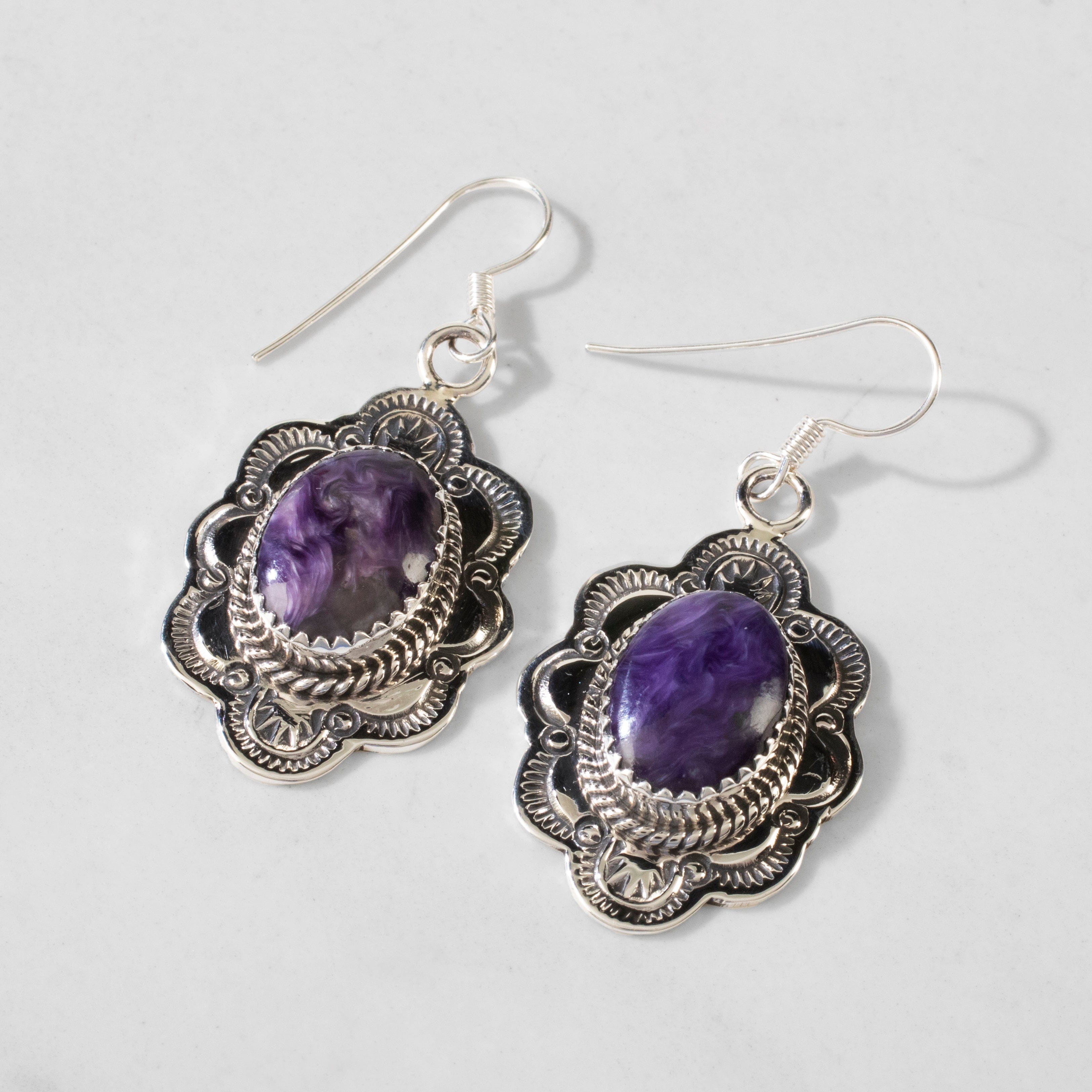 Kalifano Native American Jewelry Joe Piaso Jr. Charoite Navajo USA Native American Made 925 Sterling Silver Earrings with French Hook NAE1350.001