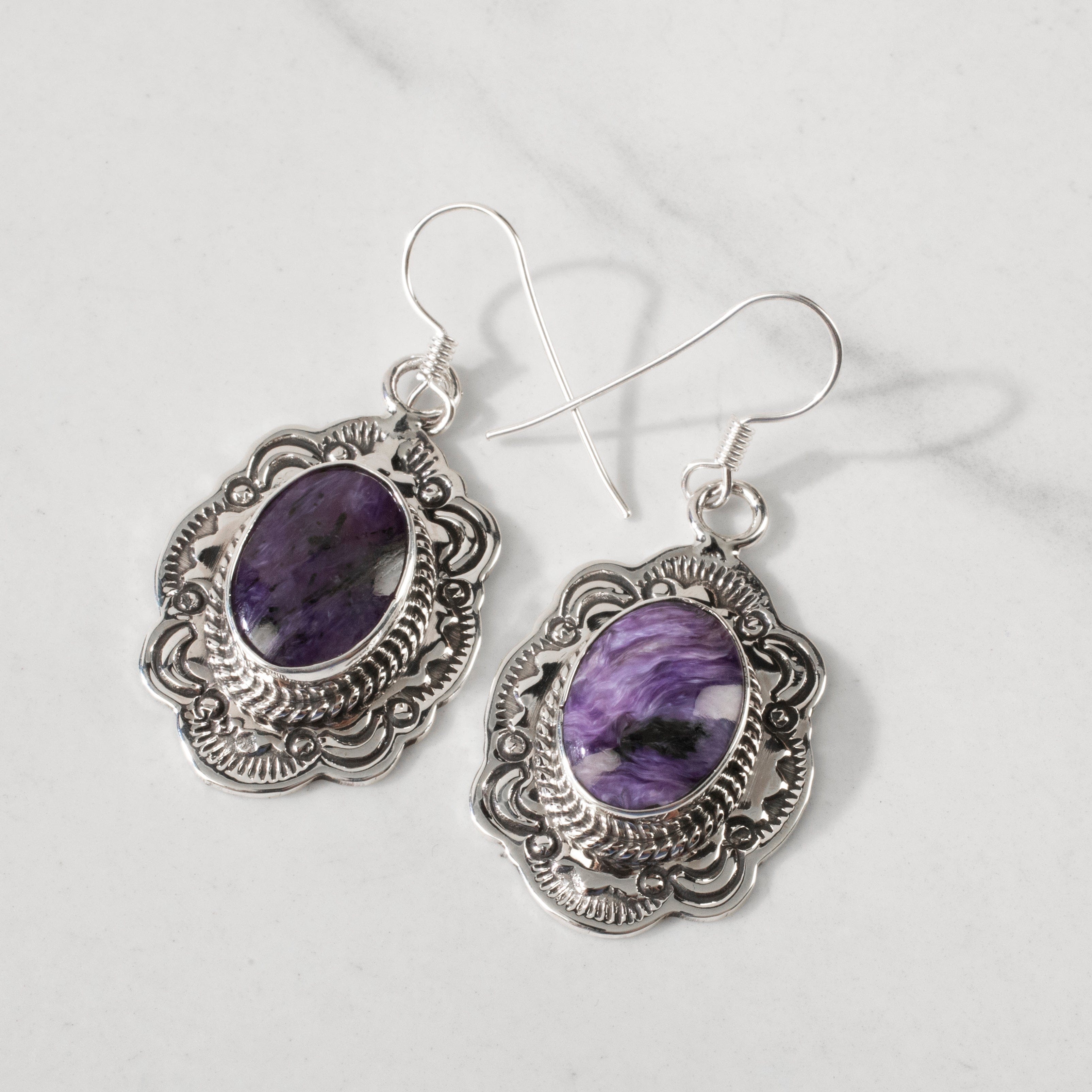 Kalifano Native American Jewelry Joe Piaso Jr. Charoite Navajo USA Native American Made 925 Sterling Silver Earrings with French Hook NAE1350.003