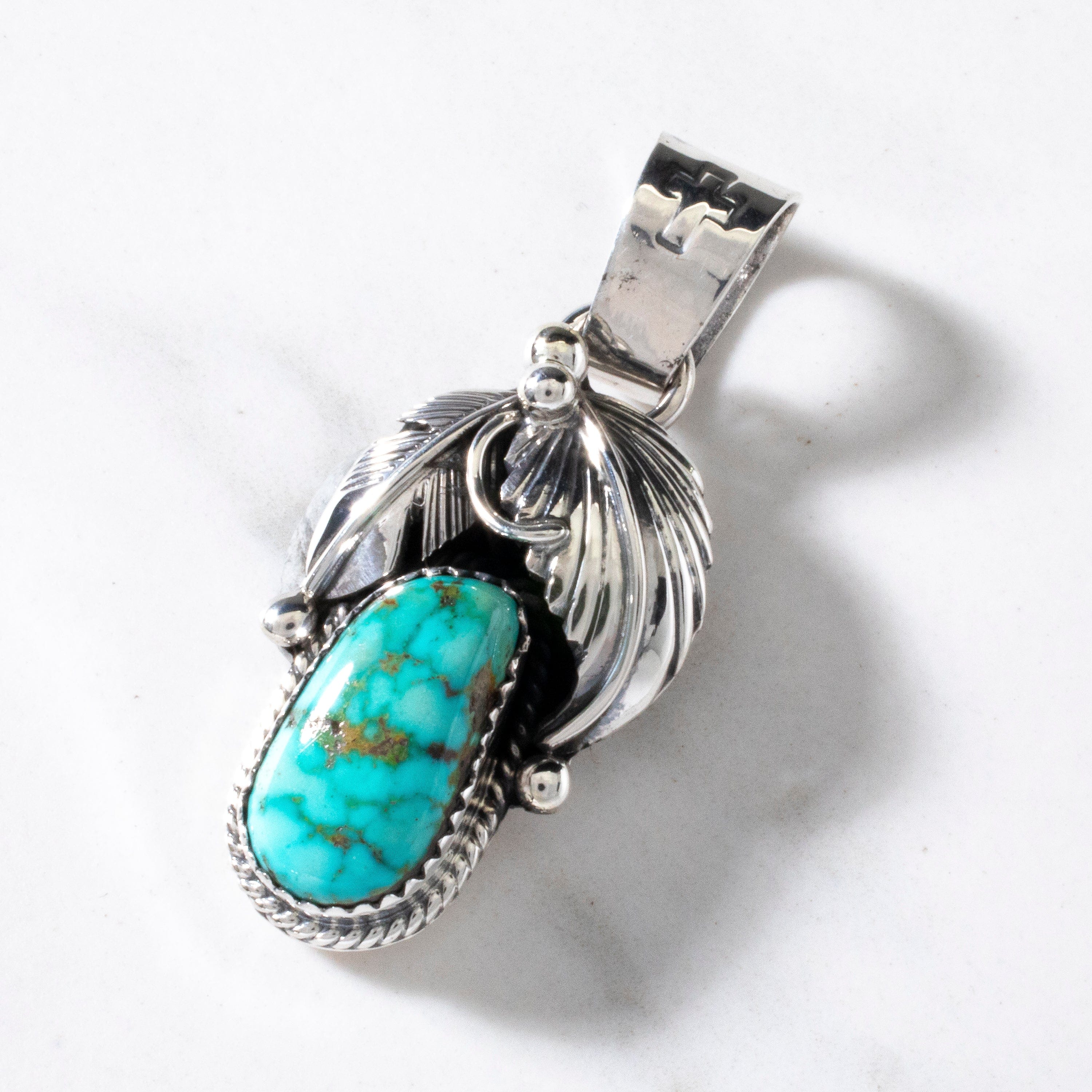 Kalifano Native American Jewelry Joe Piaso Jr. Navajo King Manassa Turquoise & Feathers USA Native American Made 925 Sterling Silver Pendant NAN450.008
