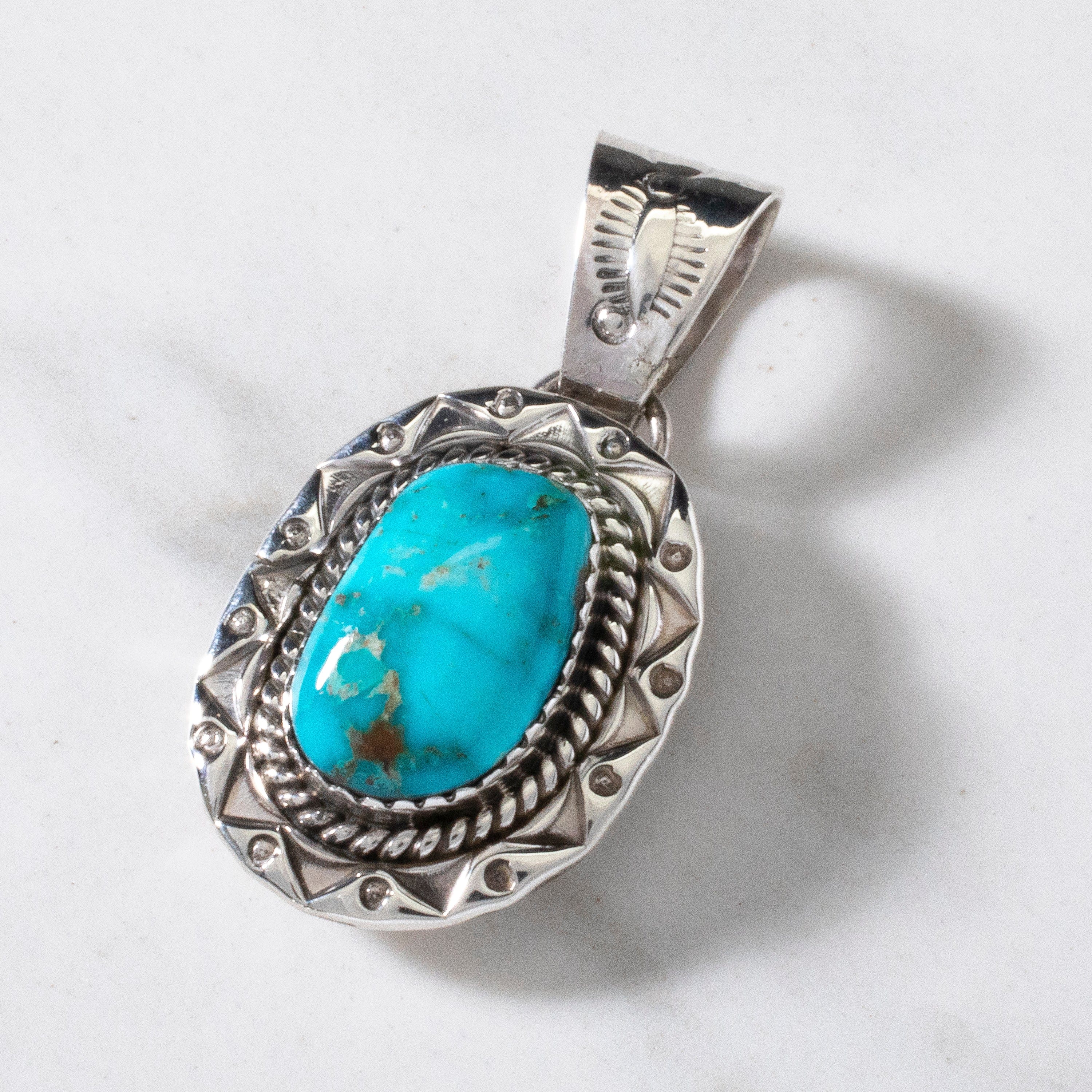 Kalifano Native American Jewelry Joe Piaso Jr. Navajo King Manassa Turquoise USA Native American Made 925 Sterling Silver Pendant NAN450.007