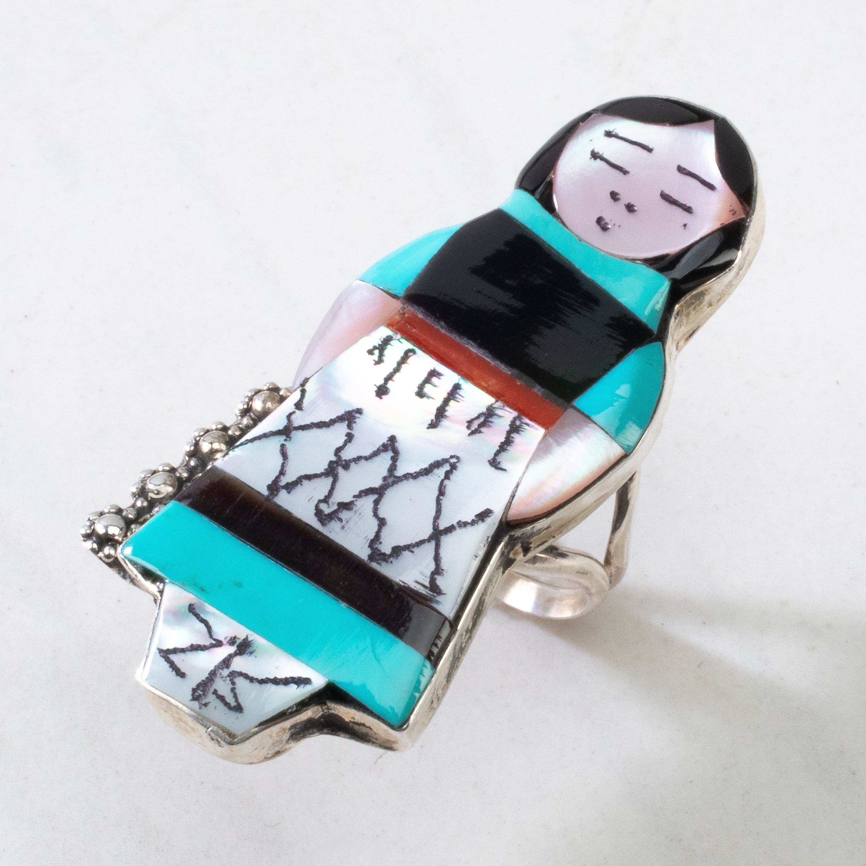 Kalifano Native American Jewelry Joyce Waseta Multi Gem Zuni Maiden USA Native American Made 925 Sterling Silver Ring