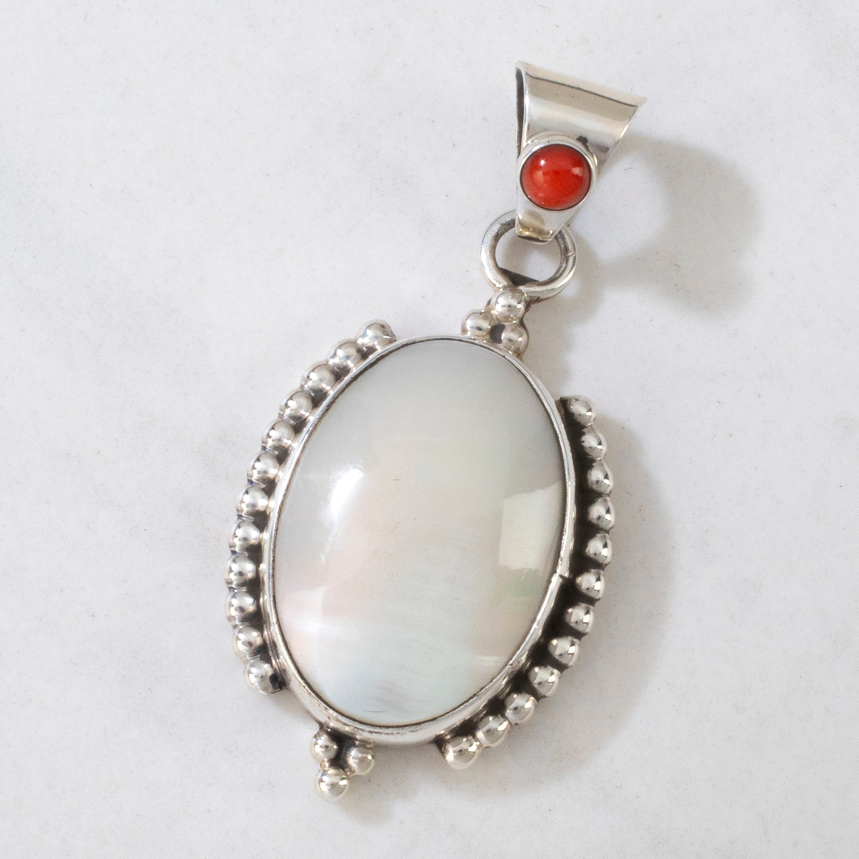 Kalifano Native American Jewelry Kathleen Chavez Mother of Pearl & Spiny Oyster Shell Navajo USA Native American Made 925 Sterling Silver Pendant NAN400.020