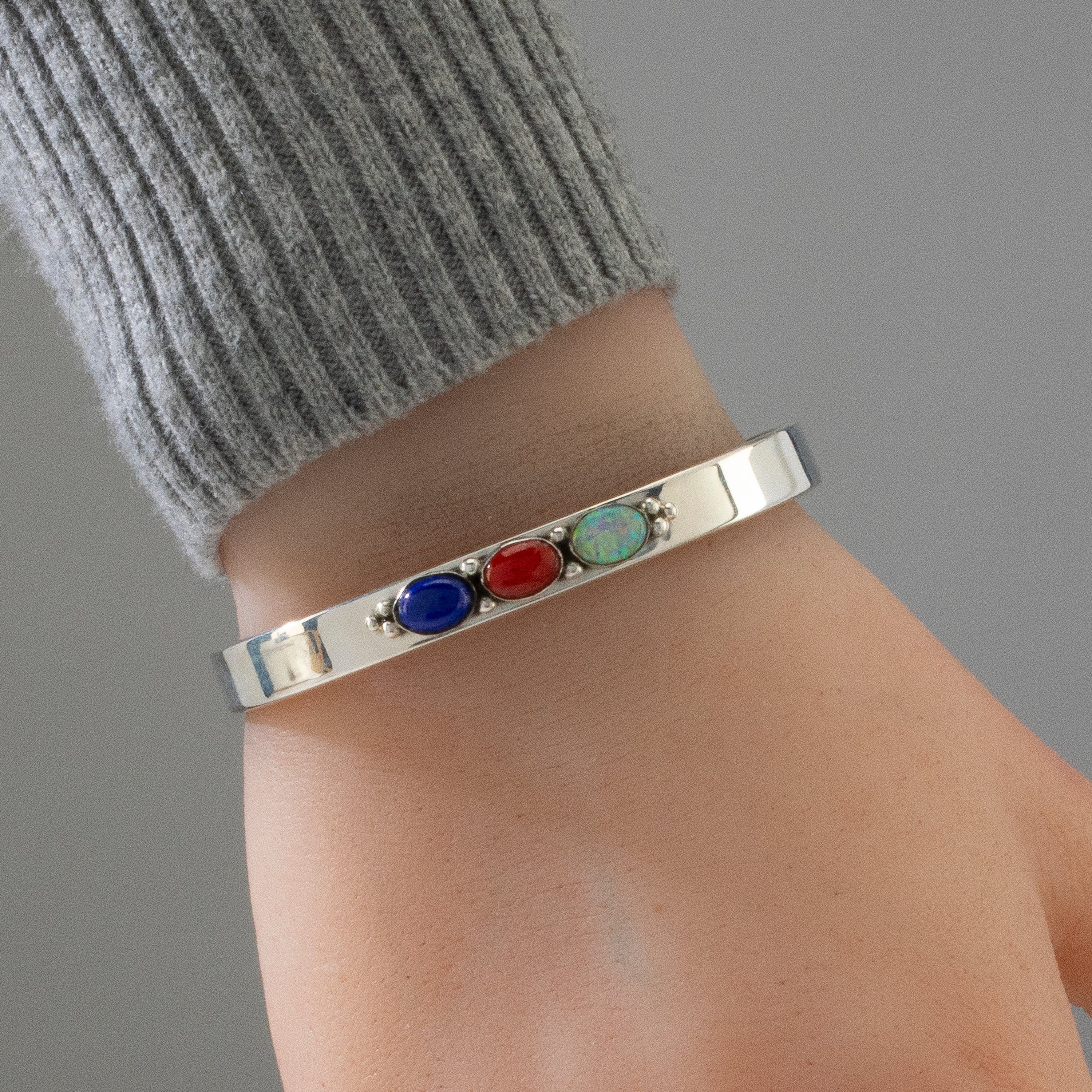 Kalifano Native American Jewelry Lapis, Coral, and Opal Navajo USA Native American Made 925 Sterling Silver Cuff NAB600.025