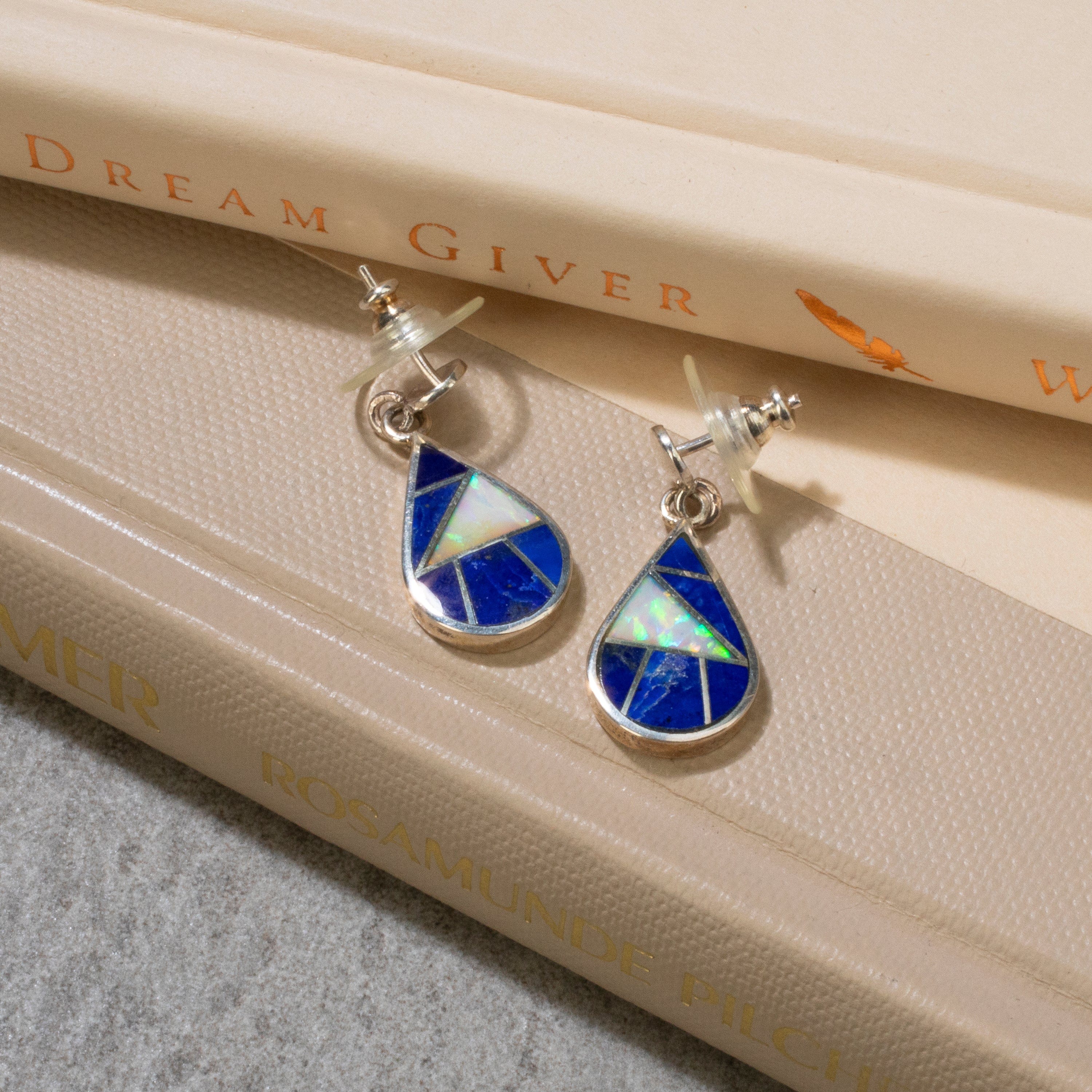 Kalifano Native American Jewelry Lapis & Opal Teardrop Navajo USA Native American Made 925 Sterling Silver Earrings with Stud Backing NAE400.037
