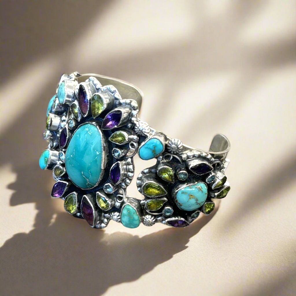 Kalifano Native American Jewelry Leo Feeney Blue Carico Lake Turquoise, Amethyst, Peridot, and Blue Topaz USA Native American Made 925 Sterling Silver Cuff NAB4500.003