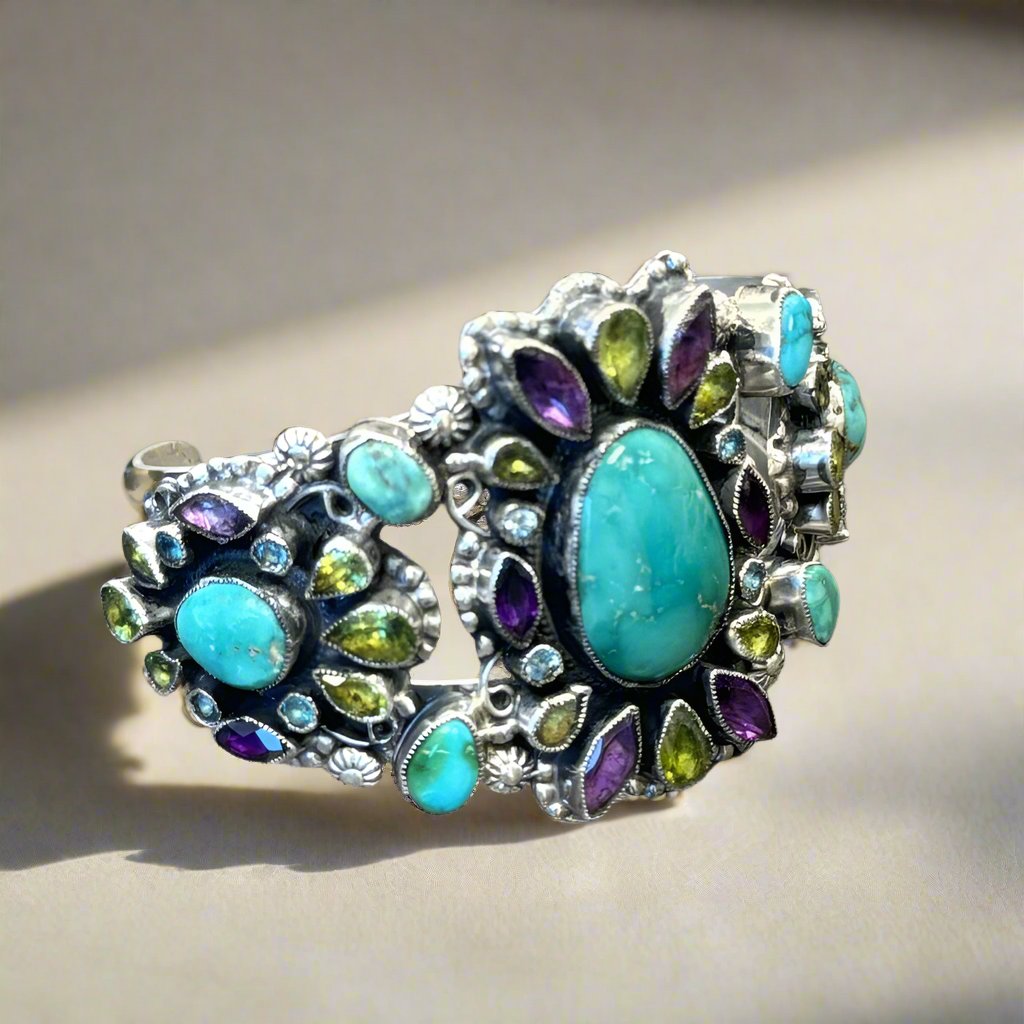 Kalifano Native American Jewelry Leo Feeney Blue Carico Lake Turquoise, Amethyst, Peridot, and Blue Topaz USA Native American Made 925 Sterling Silver Cuff NAB4500.003