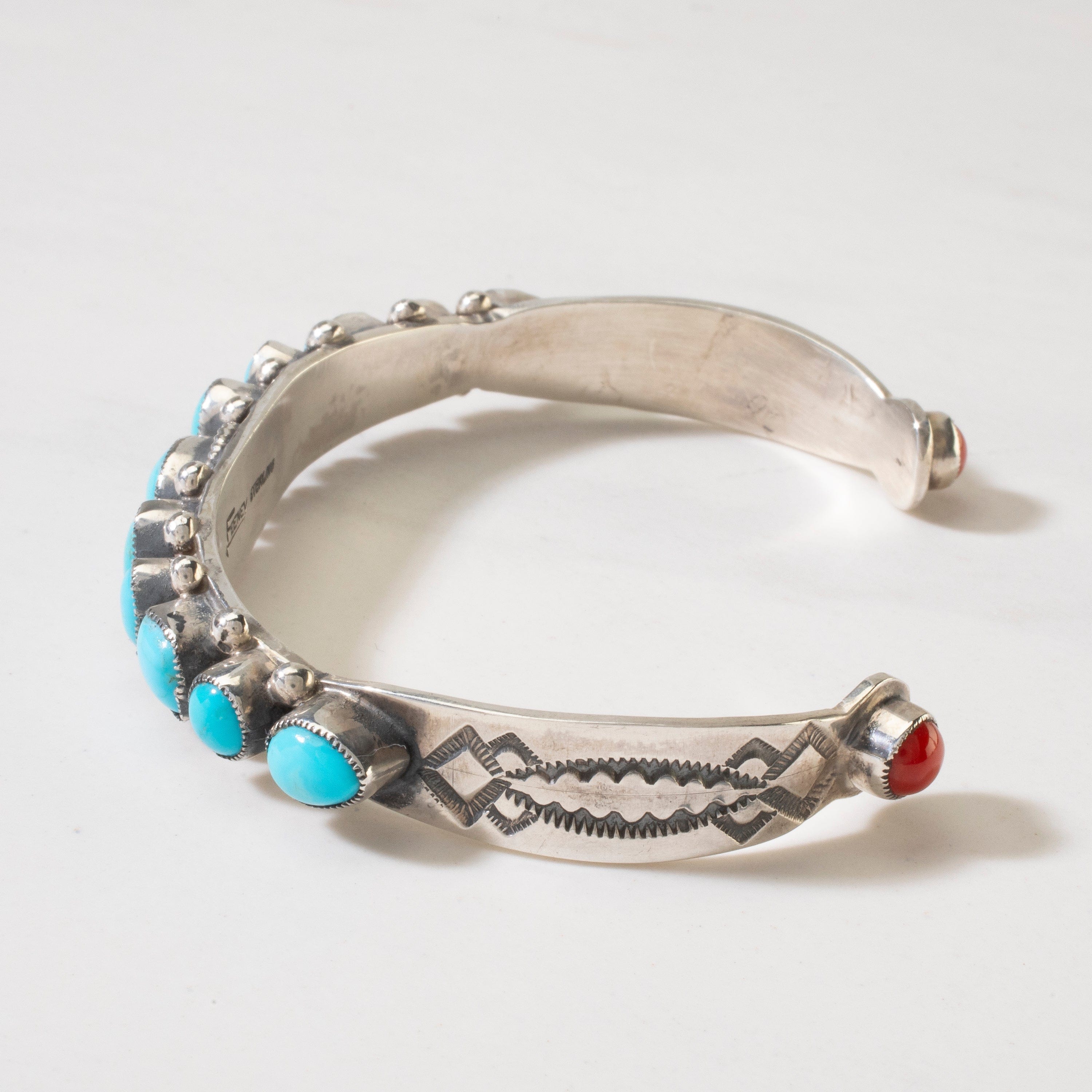 Kalifano Native American Jewelry Leo Feeney Navajo Sleeping Beauty Turquoise & Red Coral USA Native American Made 925 Sterling Silver Cuff NAB1800.029