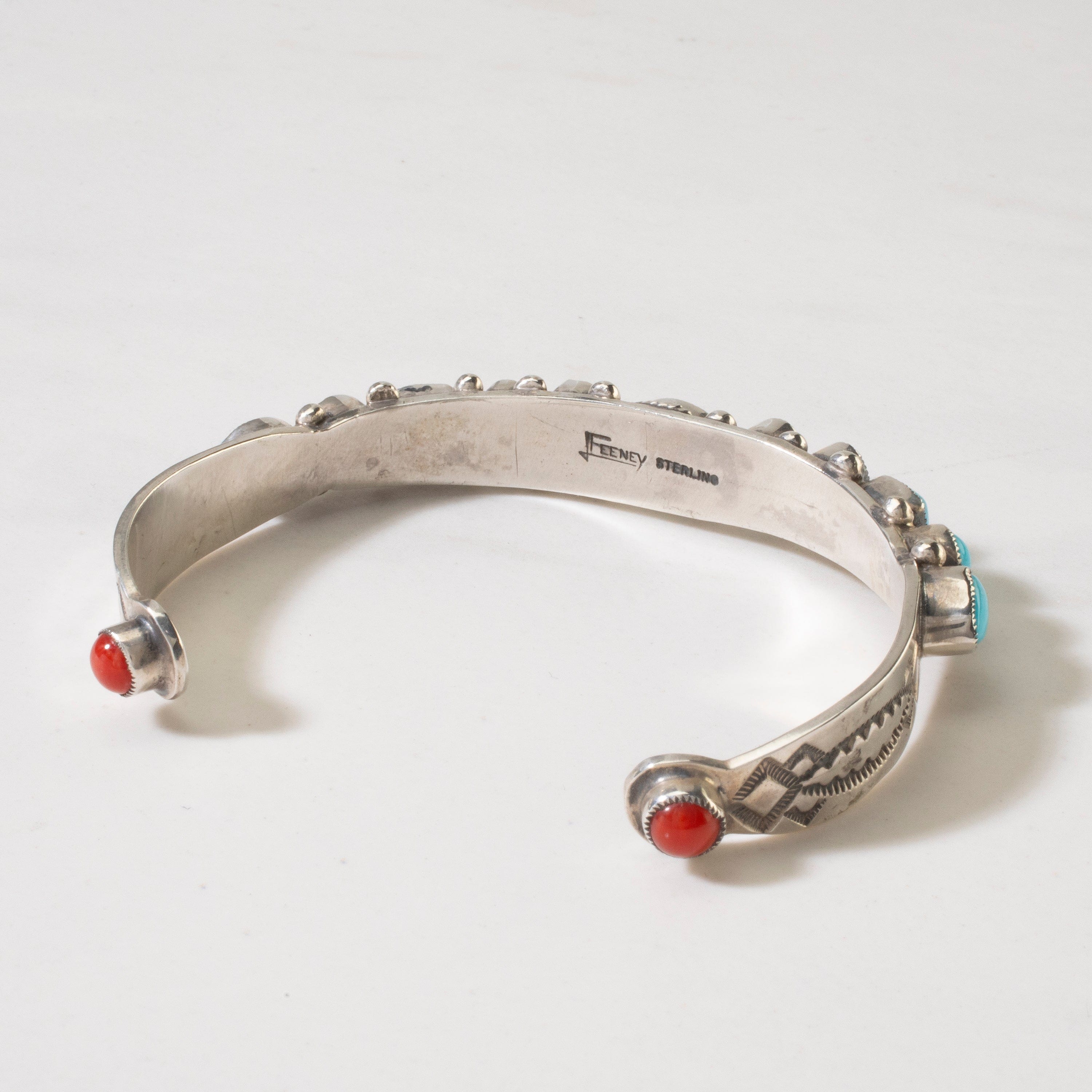 Kalifano Native American Jewelry Leo Feeney Navajo Sleeping Beauty Turquoise & Red Coral USA Native American Made 925 Sterling Silver Cuff NAB1800.029