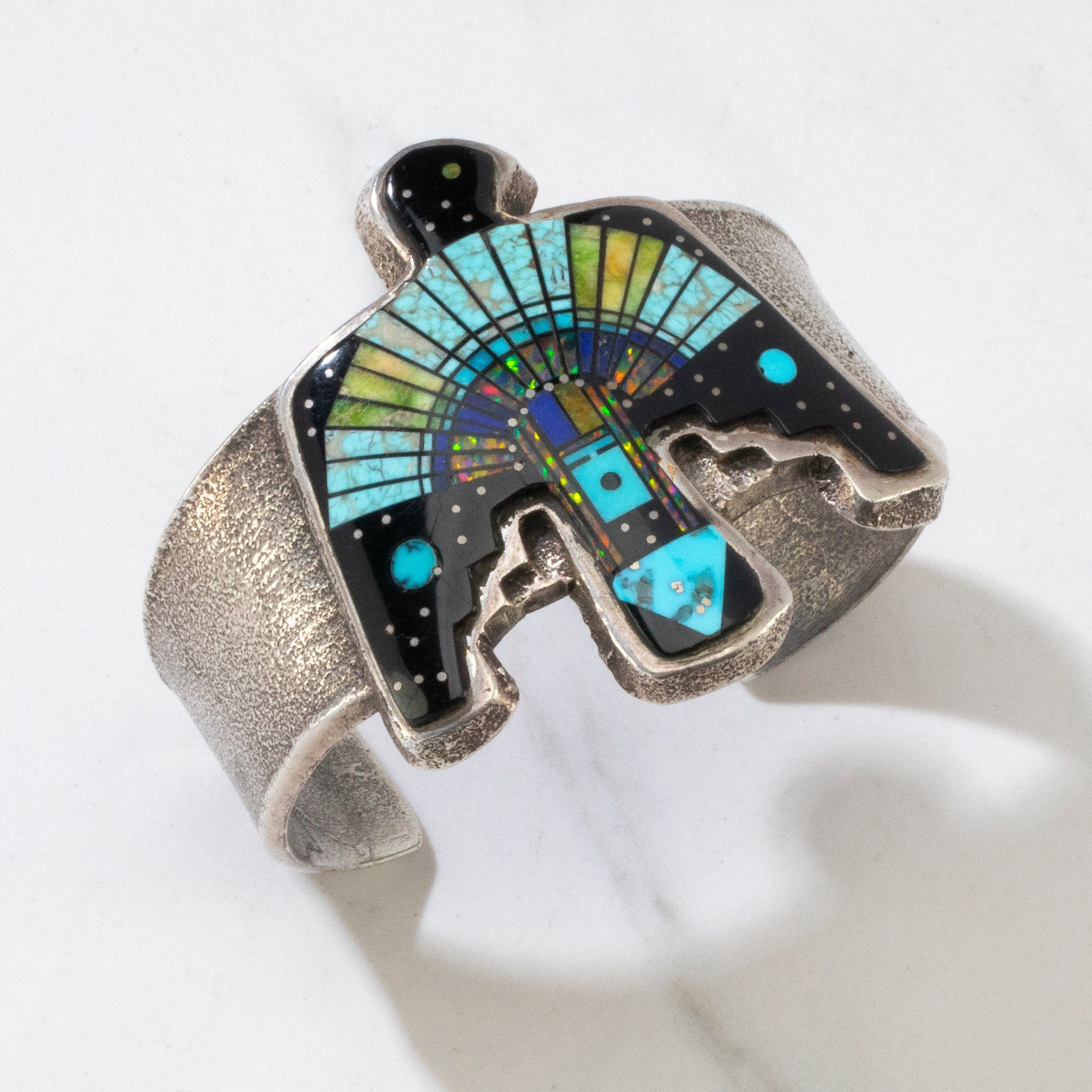 Kalifano Native American Jewelry Lester James Navajo Multi Gemstone Bird Inlay USA Native American Made 925 Sterling Silver Cuff NAB6000.004