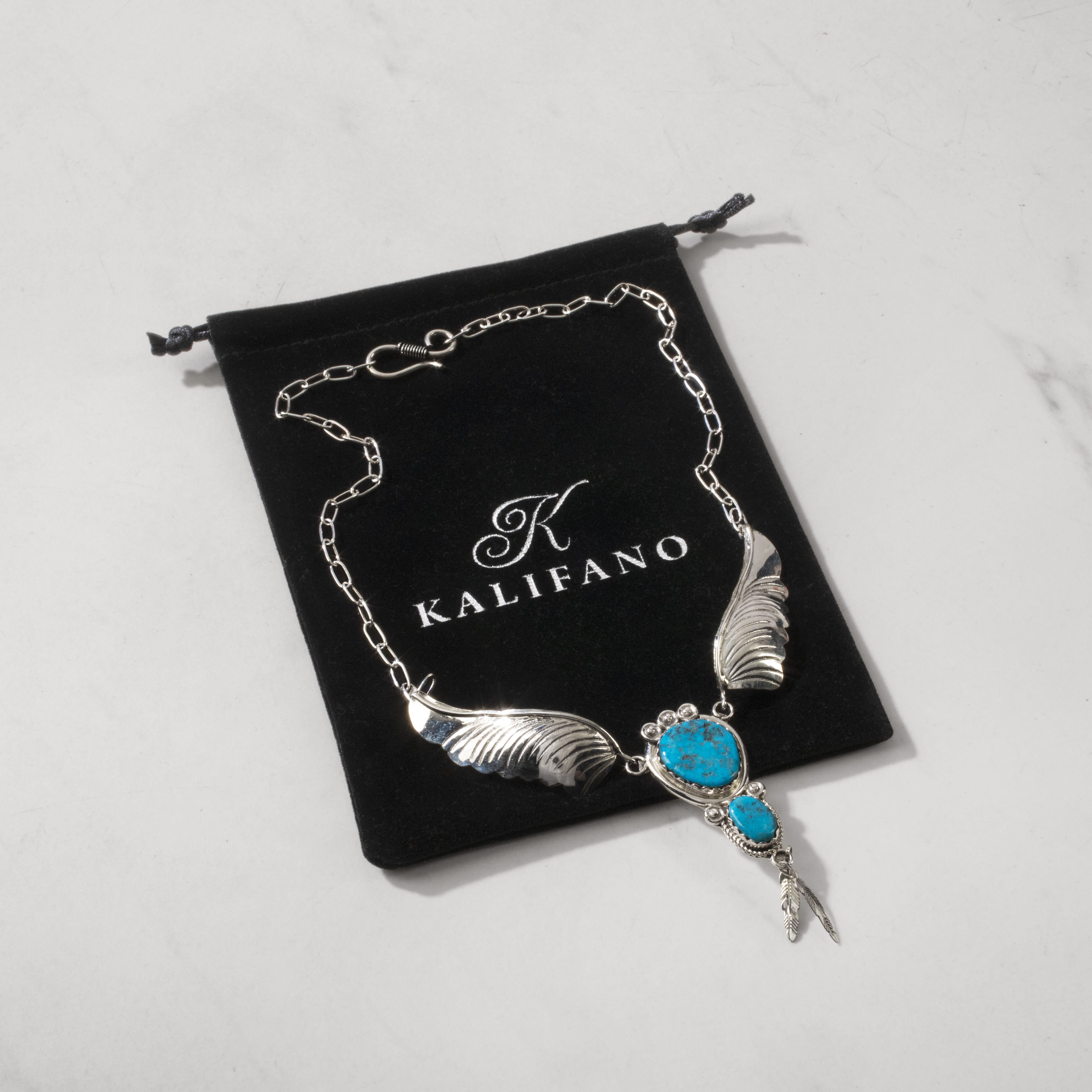 Kalifano Native American Jewelry Margie Chee Kingman Turquoise Wings Navajo USA Native American Made 925 Sterling Silver Necklace NAN950.001