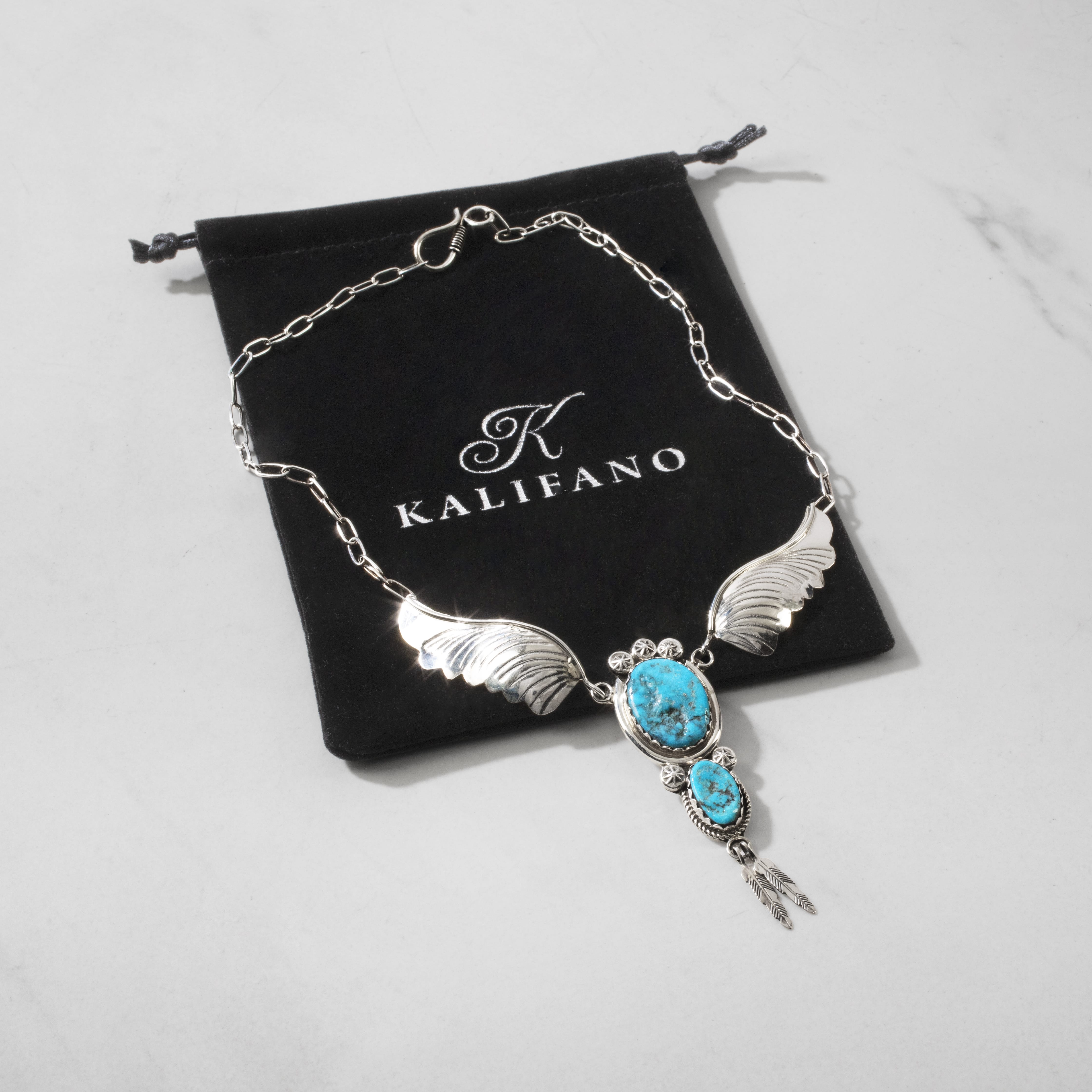 Kalifano Native American Jewelry Margie Chee Kingman Turquoise Wings Navajo USA Native American Made 925 Sterling Silver Necklace NAN950.002