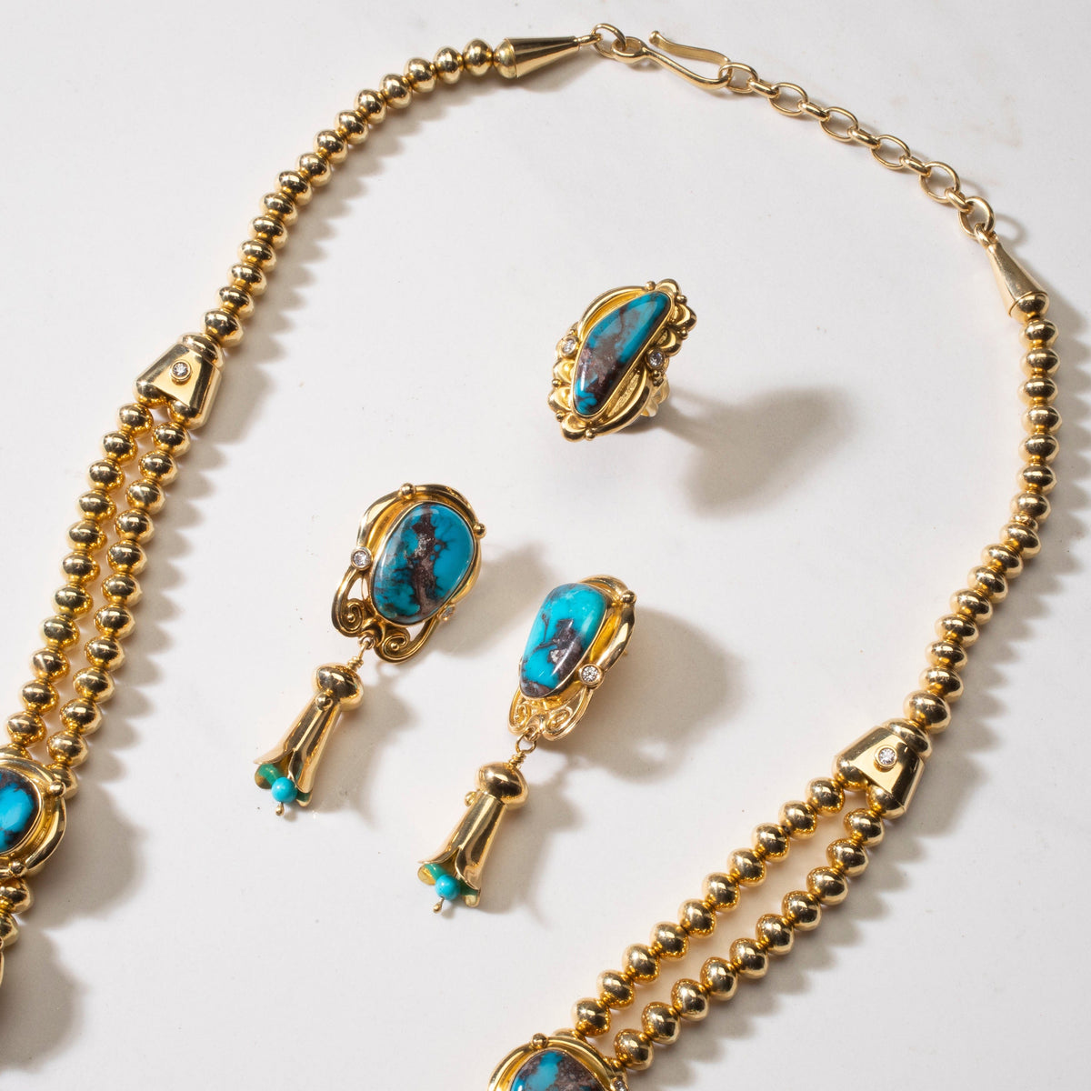 KALIFANO Native American Jewelry Mona Van Riper Bisbee Turquoise Squash Blossom Set with 22 oz 18k Gold & VVS Diamonds NA-MVP