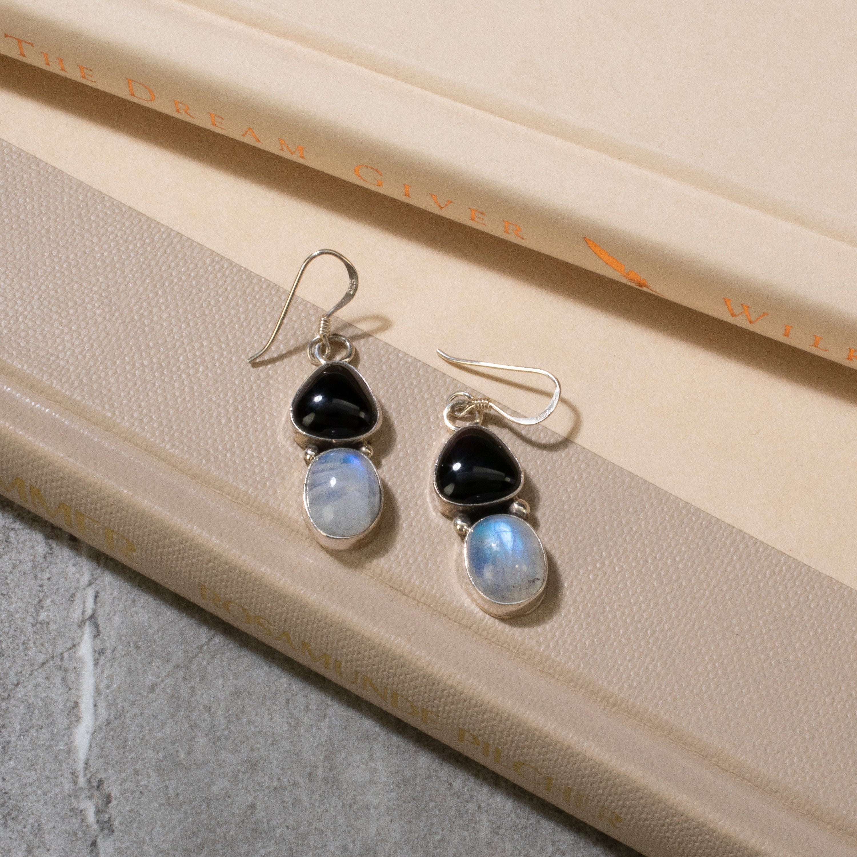 Kalifano Native American Jewelry Moonstone & Black Opal Dangle USA Native American Made 925 Sterling Silver Earrings with French Hook NAE400.043