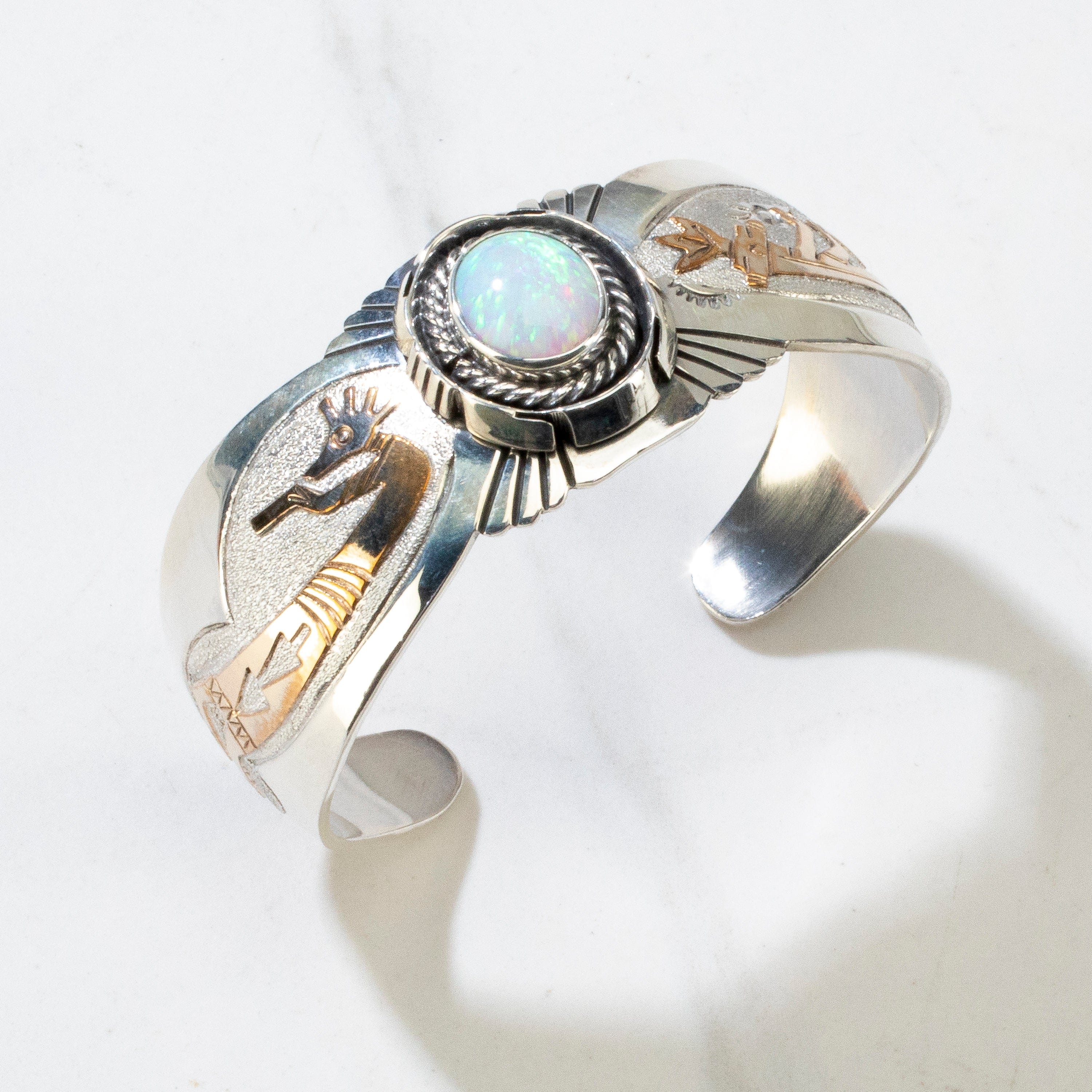 Kalifano Native American Jewelry Opal & 14K Gold Navajo USA Native American Made 925 Sterling Silver Cuff NAB1200.045