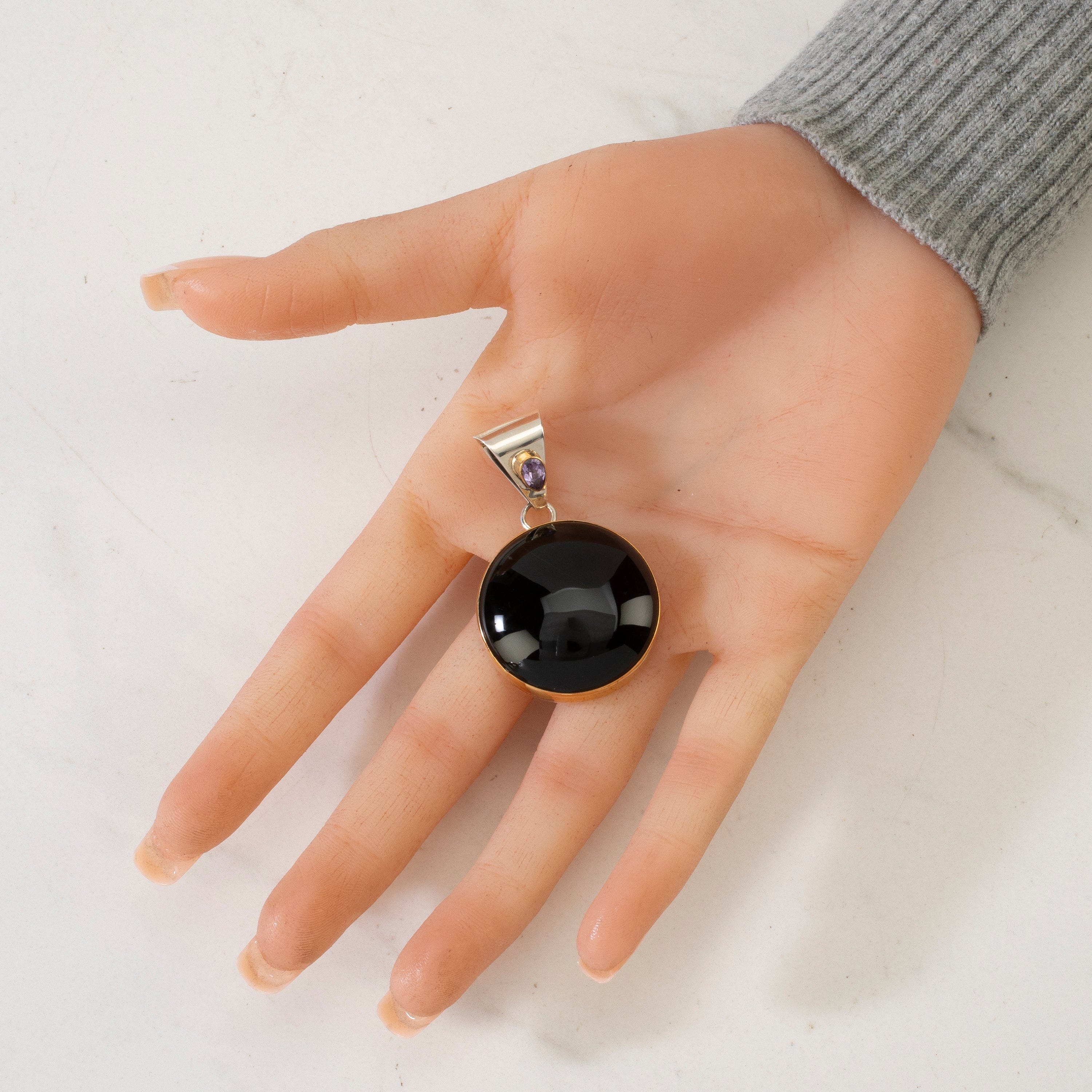 Kalifano Native American Jewelry Paul Livingston Black Onyx & Amethyst Navajo USA Native American Made 925 Sterling Silver & 12K Gold Filled Pendant NAN800.018