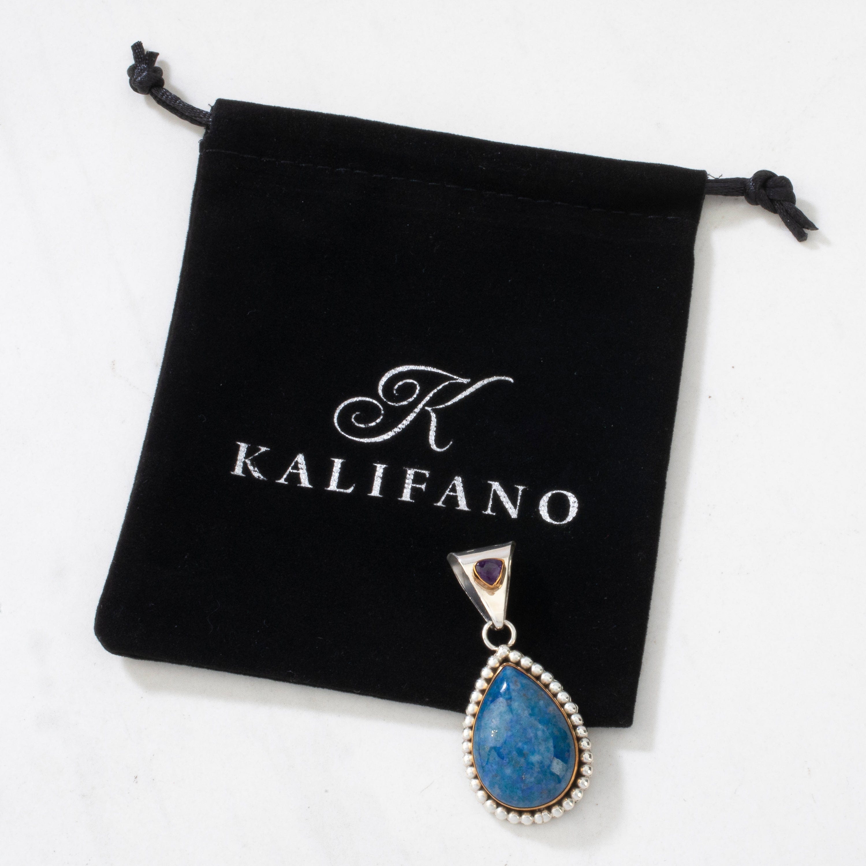Kalifano Native American Jewelry Paul Livingston Denim Lapis & Amethyst Teardrop Navajo USA Native American Made 925 Sterling Silver & 12K Gold Filled Pendant NAN550.002
