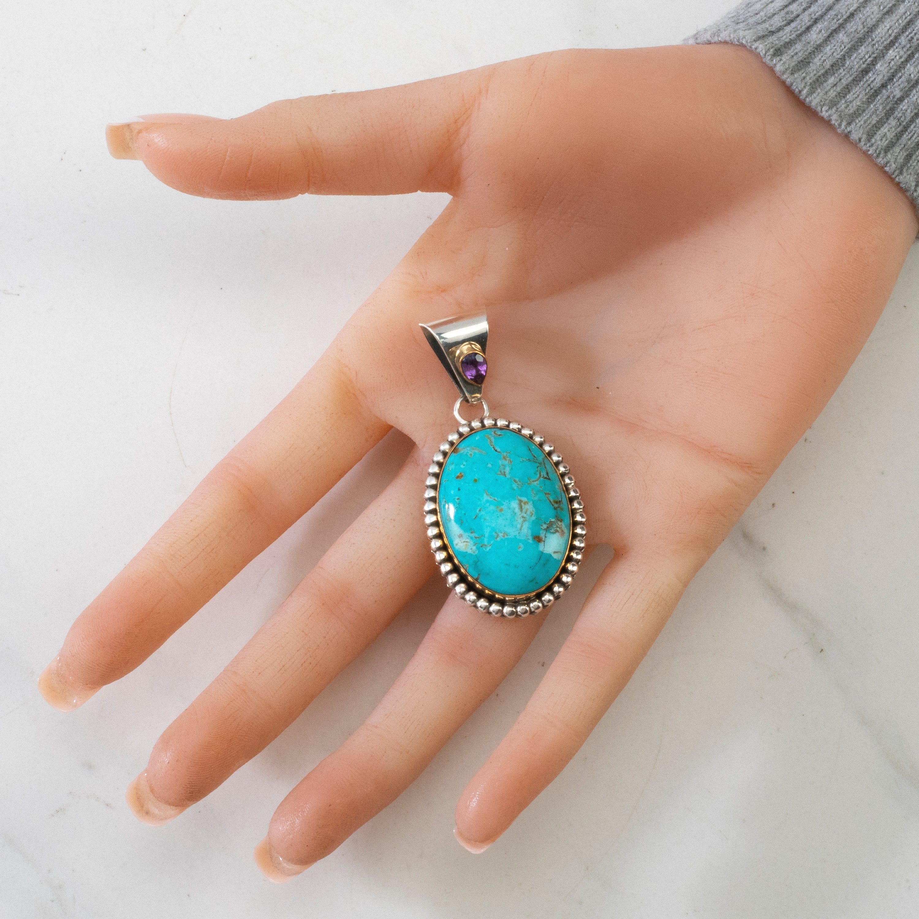Kalifano Native American Jewelry Paul Livingston Kingman Turquoise & Amethyst Navajo USA Native American Made 925 Sterling Silver & 12K Gold Filled Pendant NAN900.024