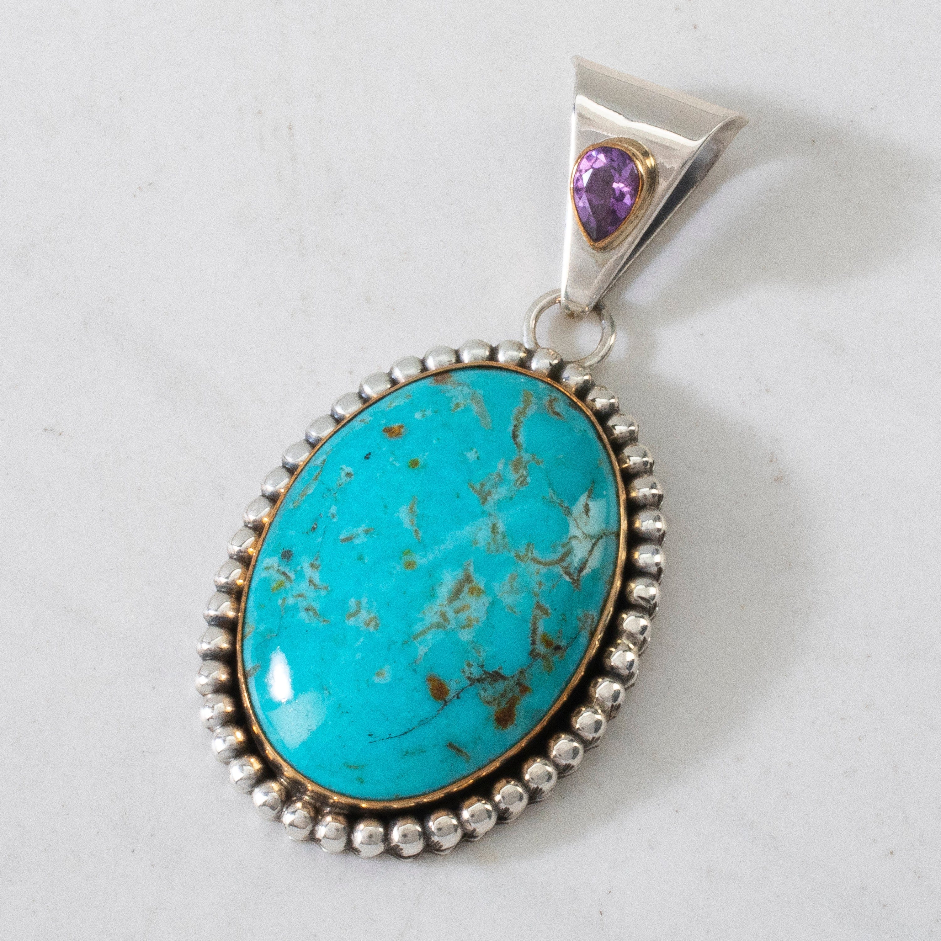 Kalifano Native American Jewelry Paul Livingston Kingman Turquoise & Amethyst Navajo USA Native American Made 925 Sterling Silver & 12K Gold Filled Pendant NAN900.024