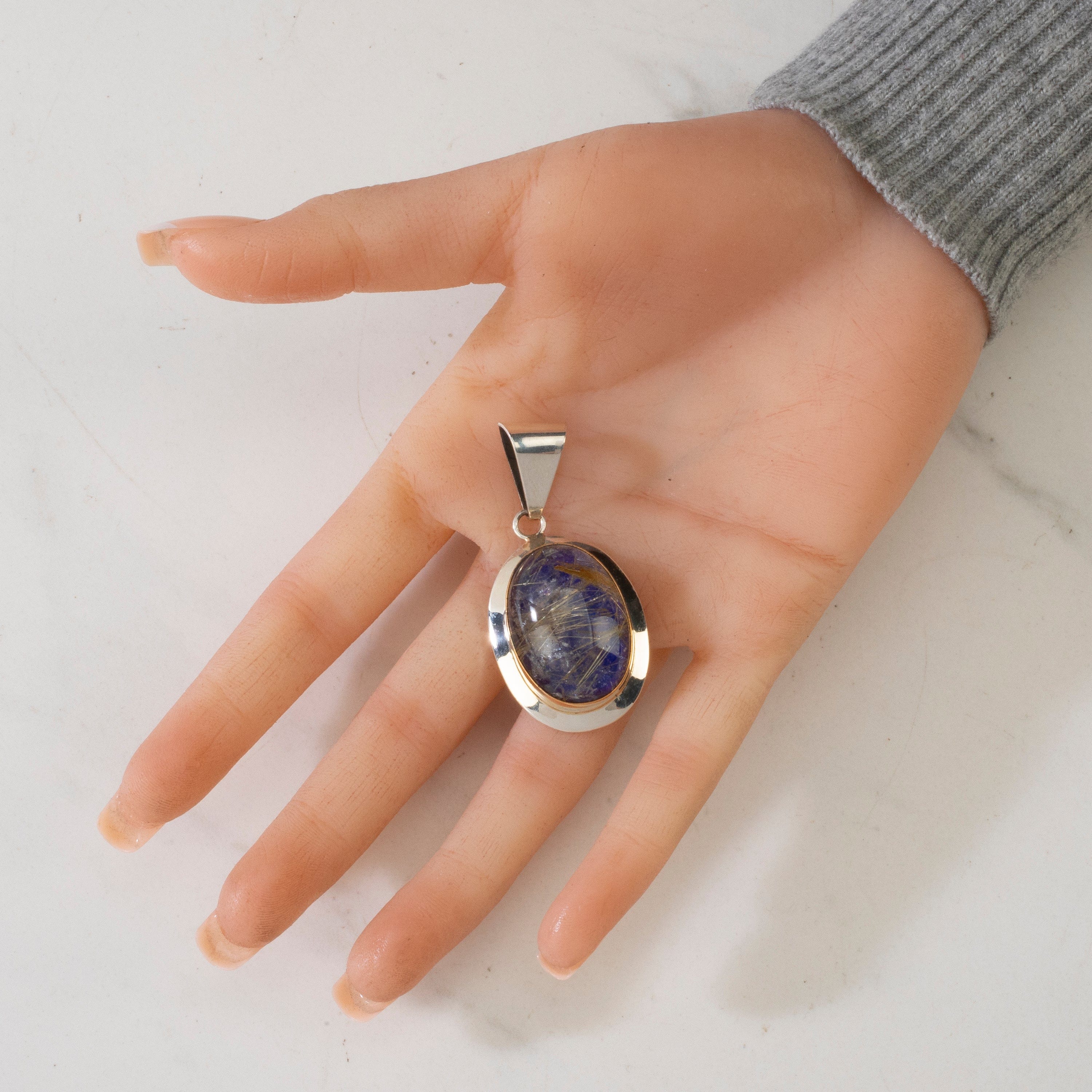 Kalifano Native American Jewelry Paul Livingston Lapis & Rutilated Quartz USA Native American Made 925 Sterling Silver & 12K Gold Filled Pendant NAN800.014