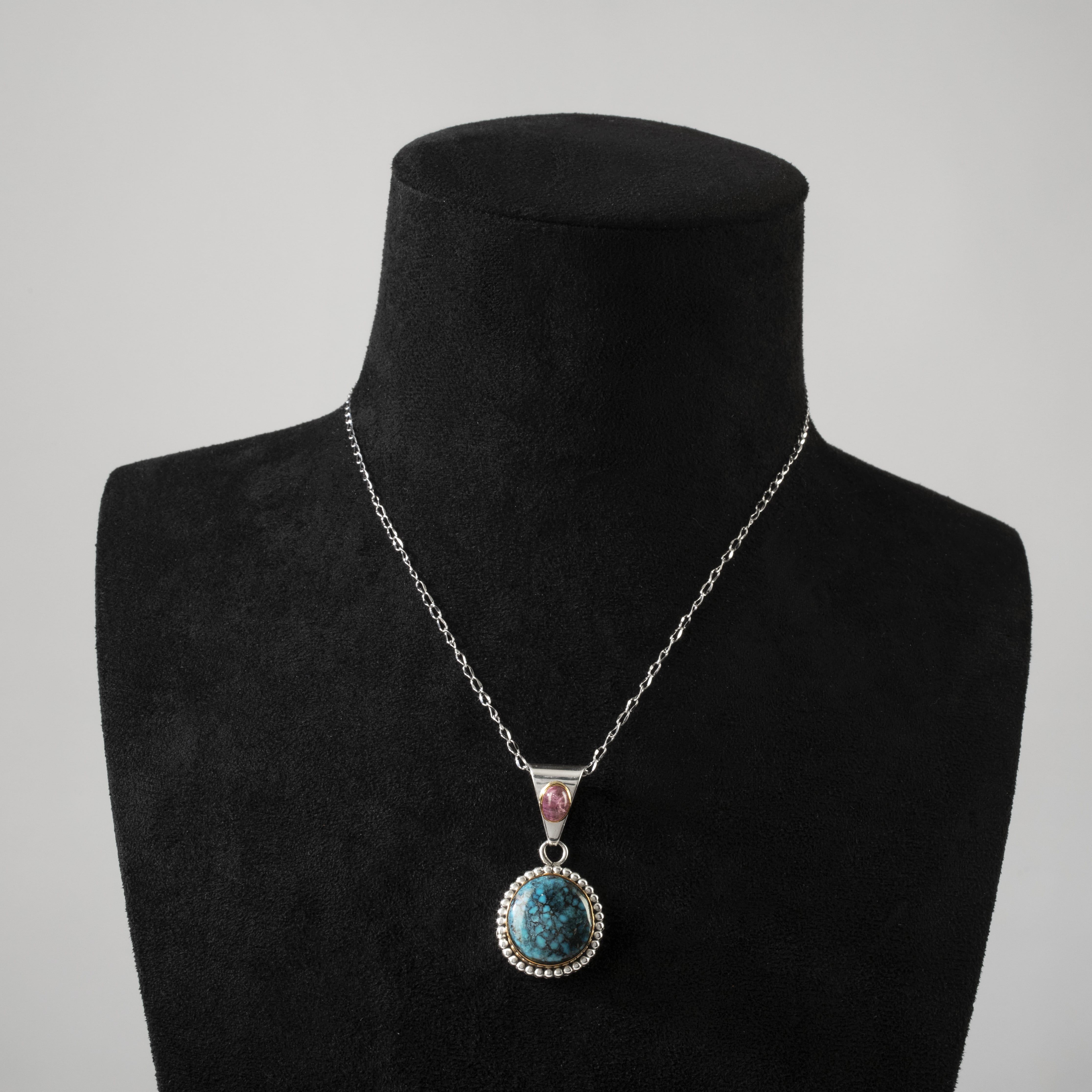 Kalifano Native American Jewelry Paul Livingston Morenci Turquoise & Amethyst Navajo USA Native American Made 925 Sterling Silver & 12K Gold Filled Pendant NAN900.023