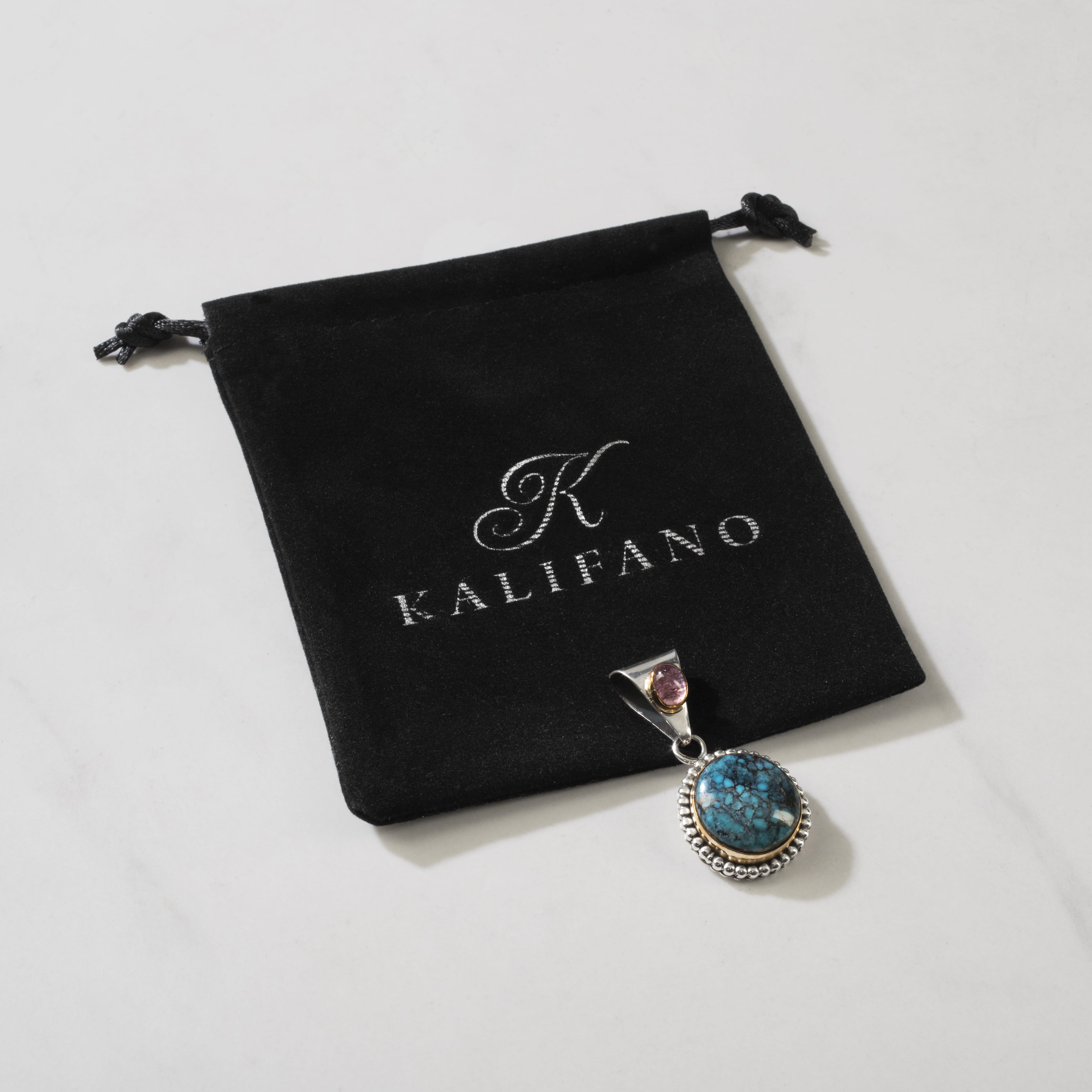 Kalifano Native American Jewelry Paul Livingston Morenci Turquoise & Amethyst Navajo USA Native American Made 925 Sterling Silver & 12K Gold Filled Pendant NAN900.023