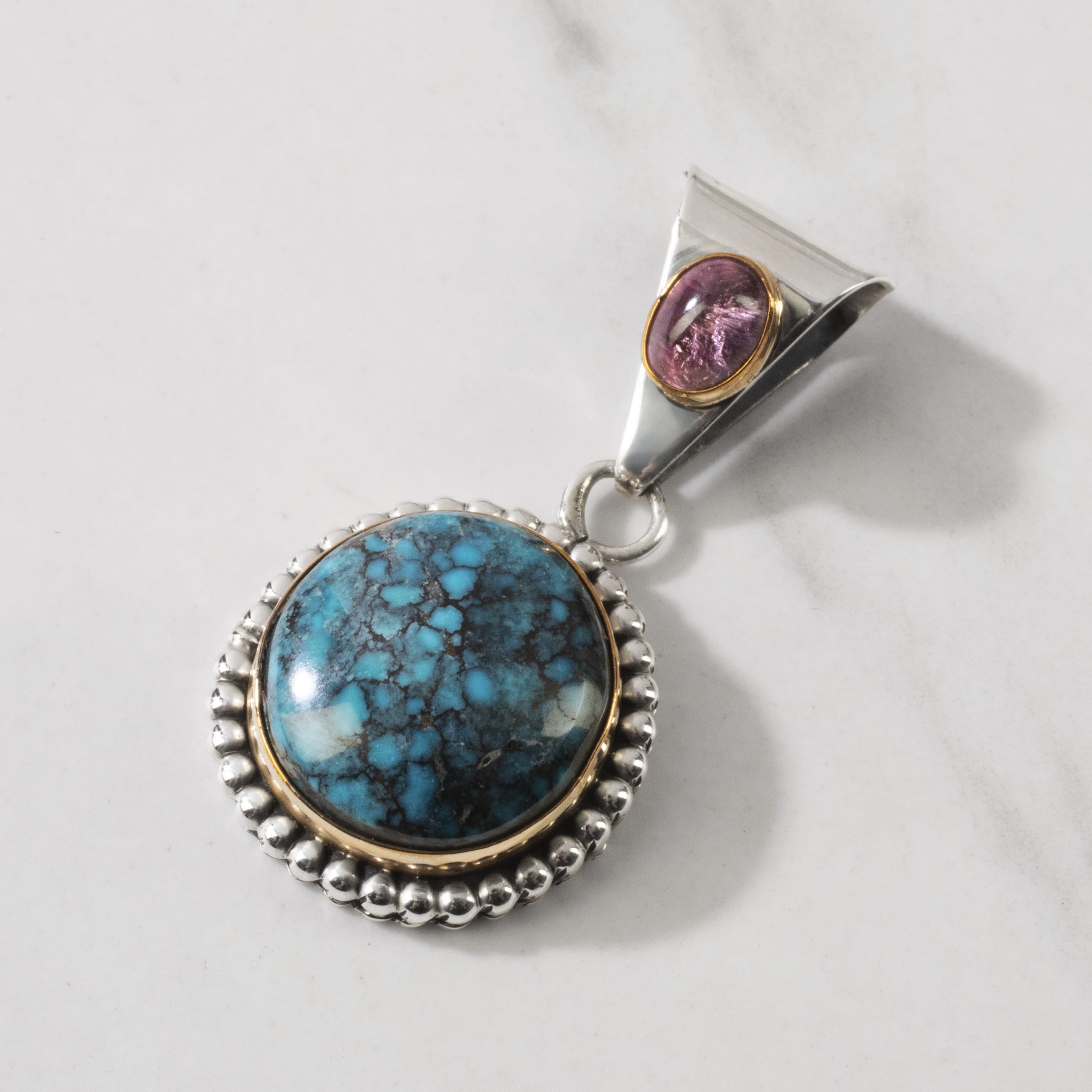 Kalifano Native American Jewelry Paul Livingston Morenci Turquoise & Amethyst Navajo USA Native American Made 925 Sterling Silver & 12K Gold Filled Pendant NAN900.023